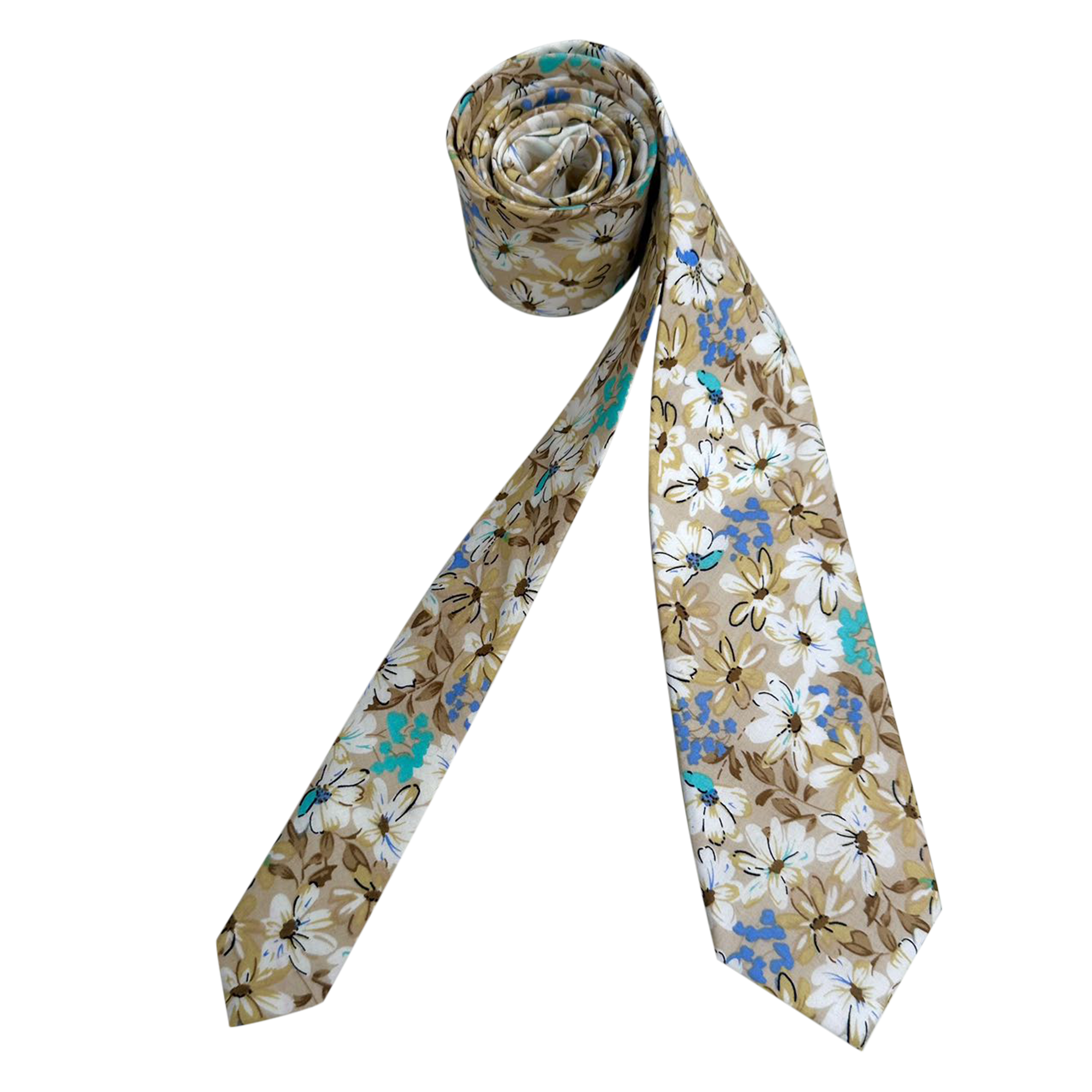 White Floral on Beige Skinny Tie
