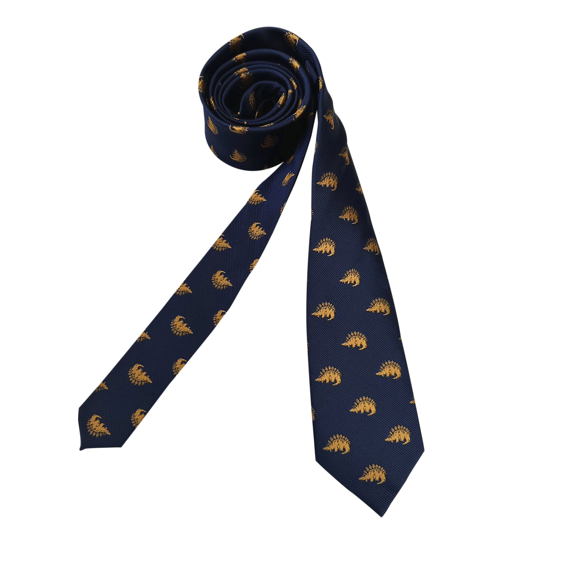Navy Blue with Gold Stegosaurus Dinosaur Skinny Tie