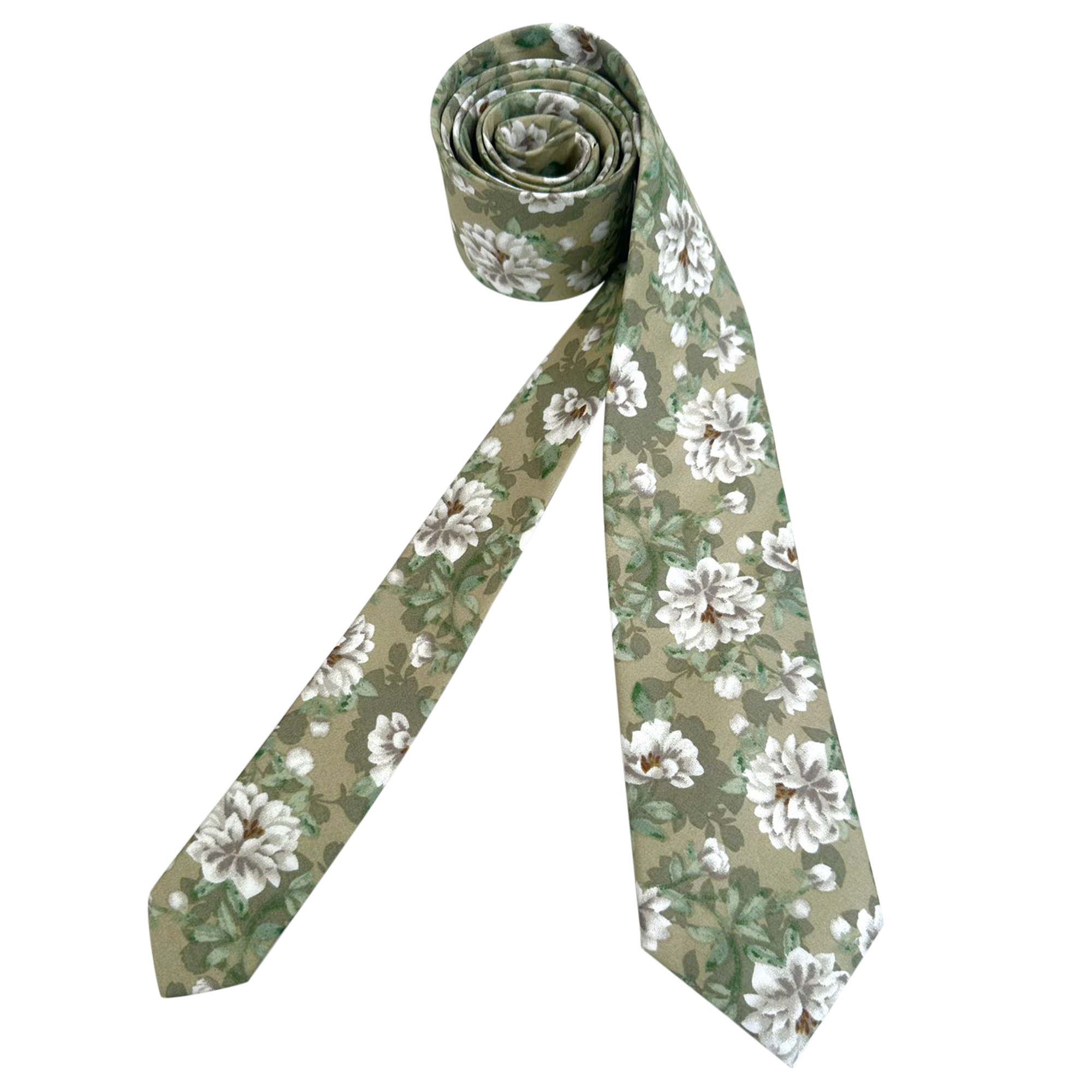 Sage Green With White Floral Skinny Tie