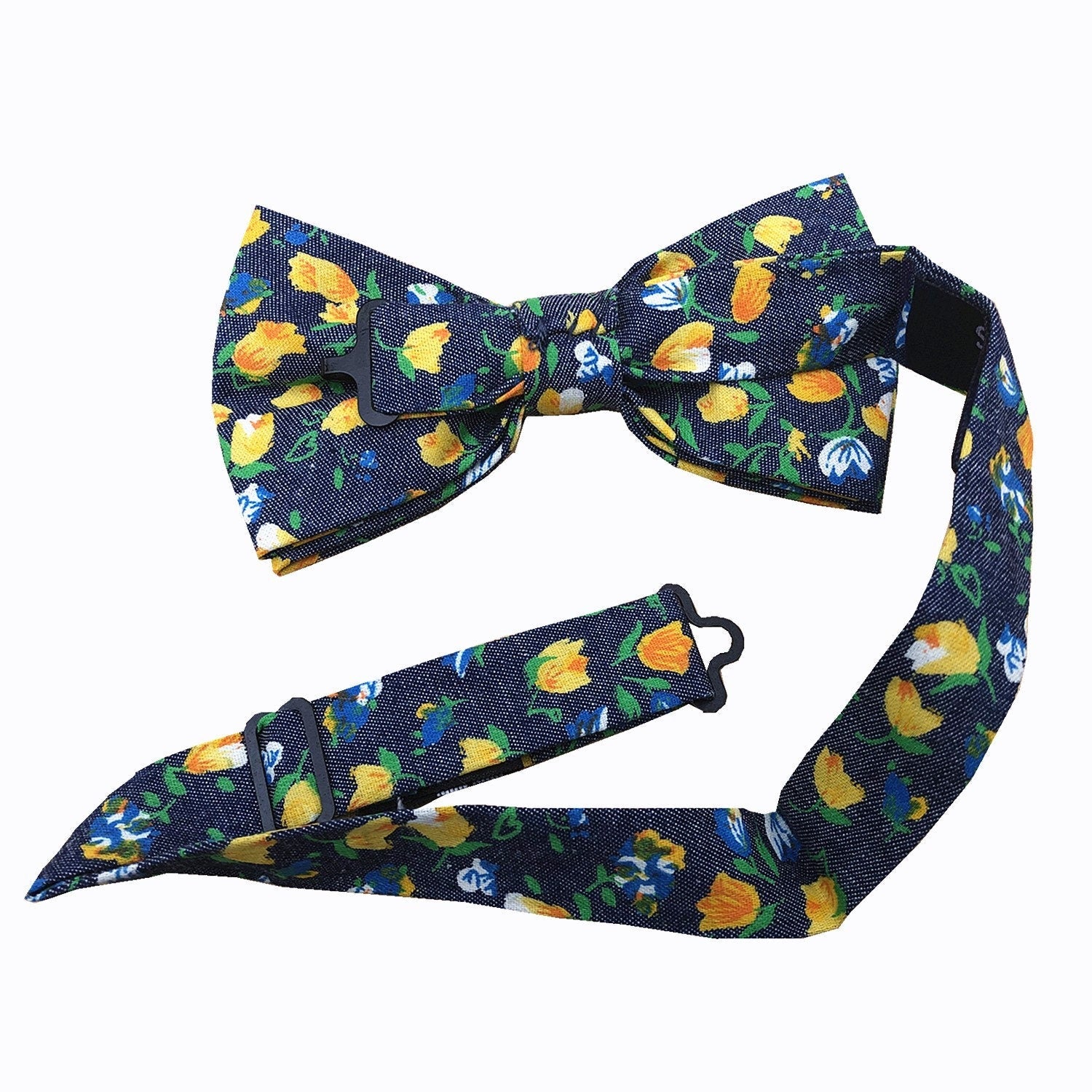 Navy Yellow Skinny Floral Pre-tied Bow Tie