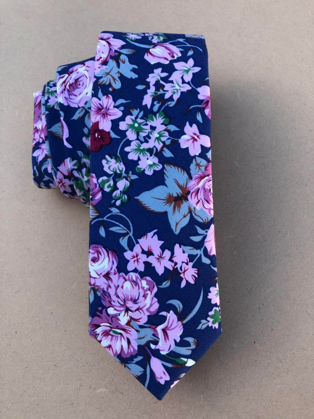 Navy Purple Floral Skinny Tie