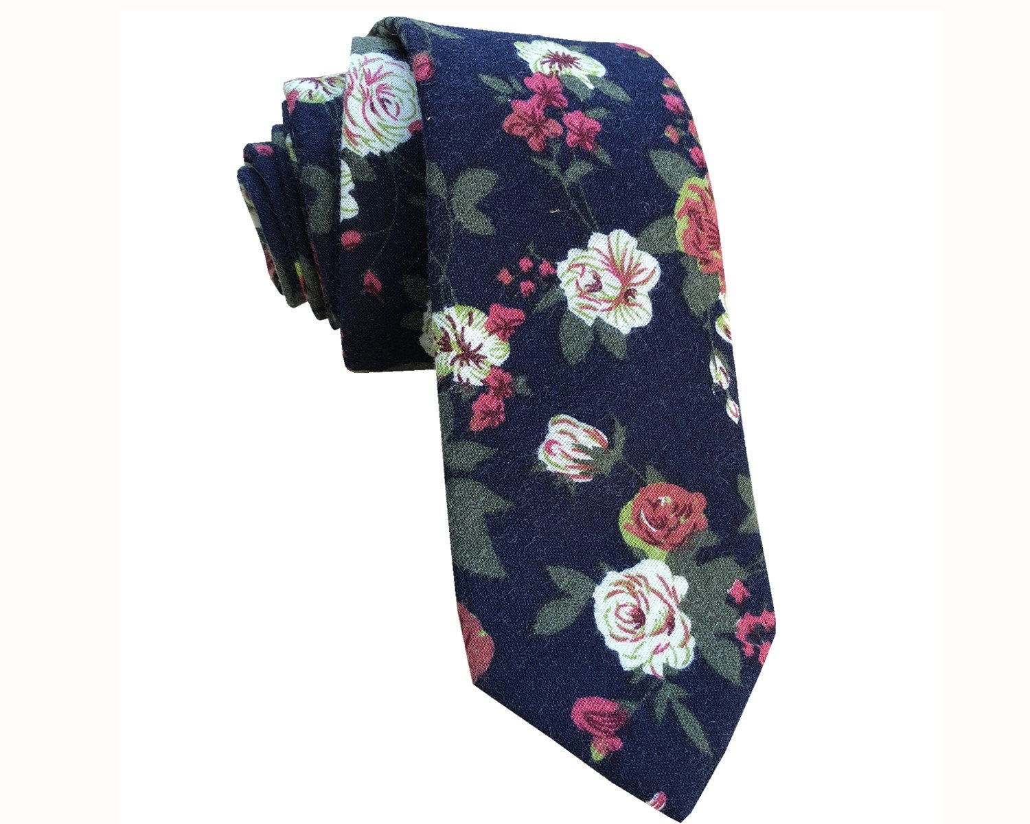 Navy Blue with White Rose Floral Necktie