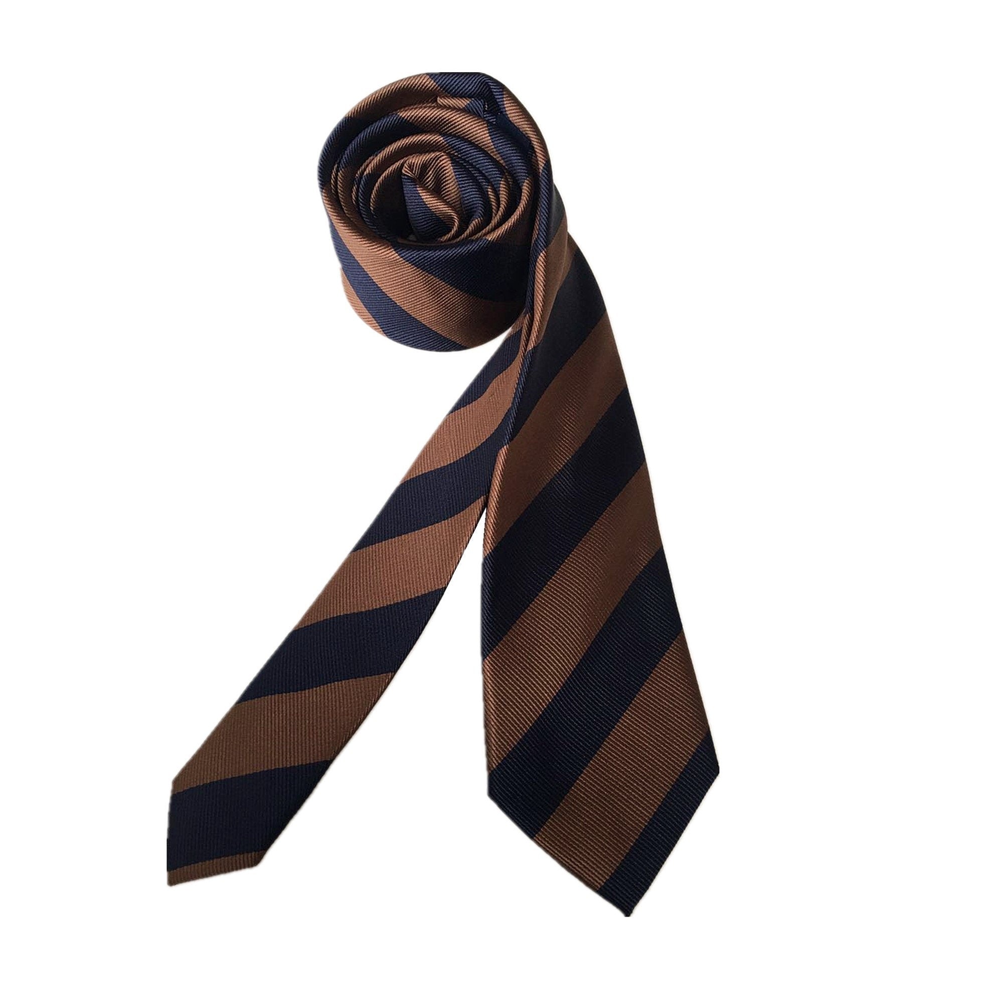 Navy and Brown Stripes Linen Skinny Tie