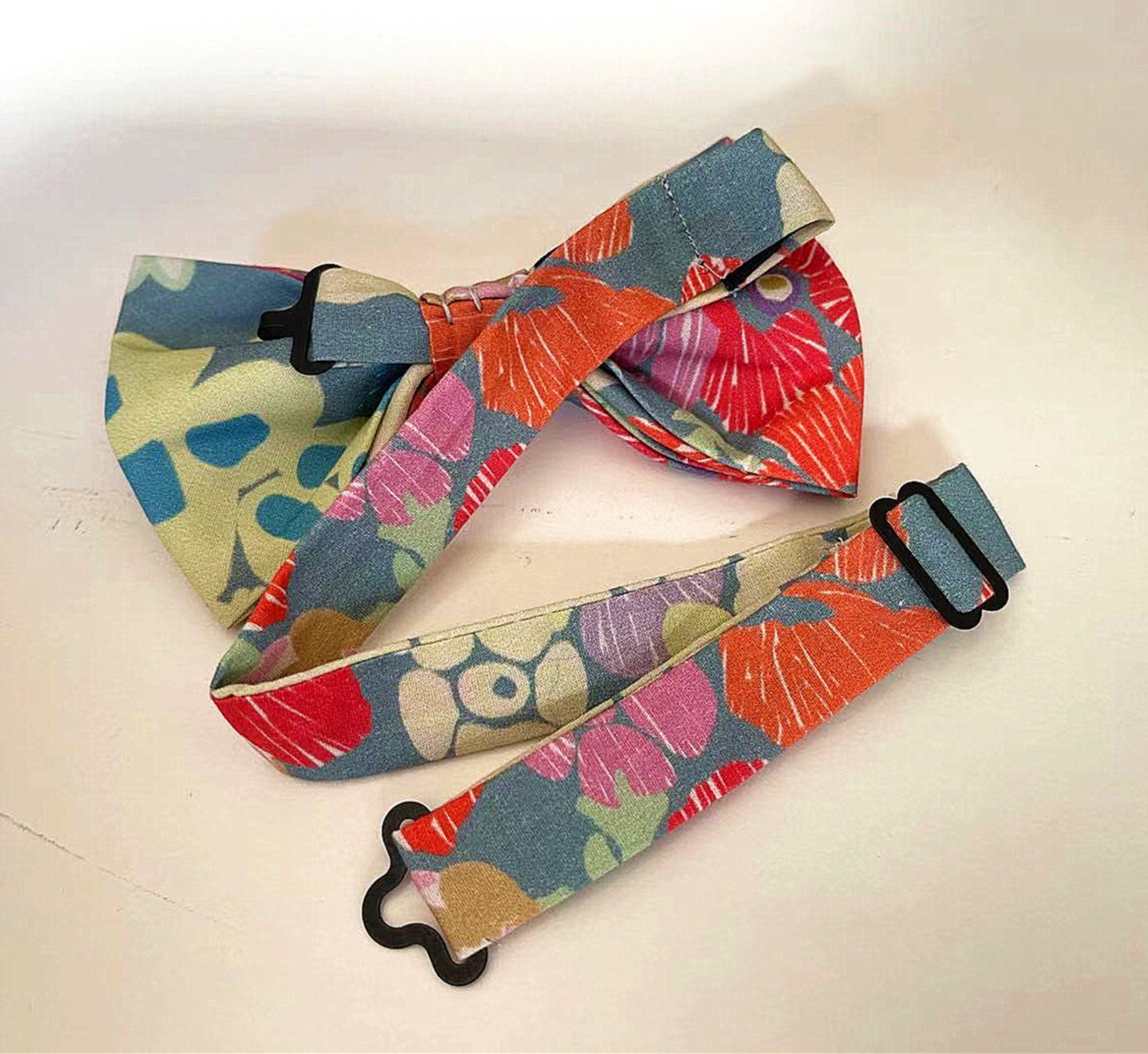 Dusty Blue with Red & Pink Floral Pre-tied Bow Tie