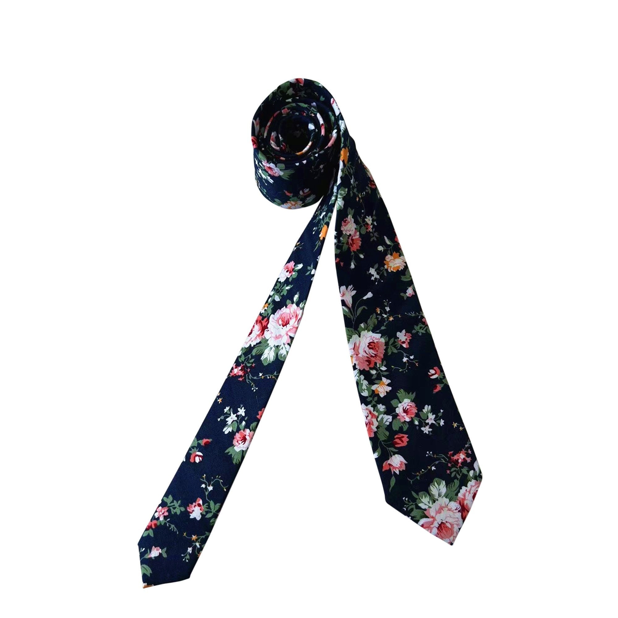 Navy Pink White Floral Skinny Tie