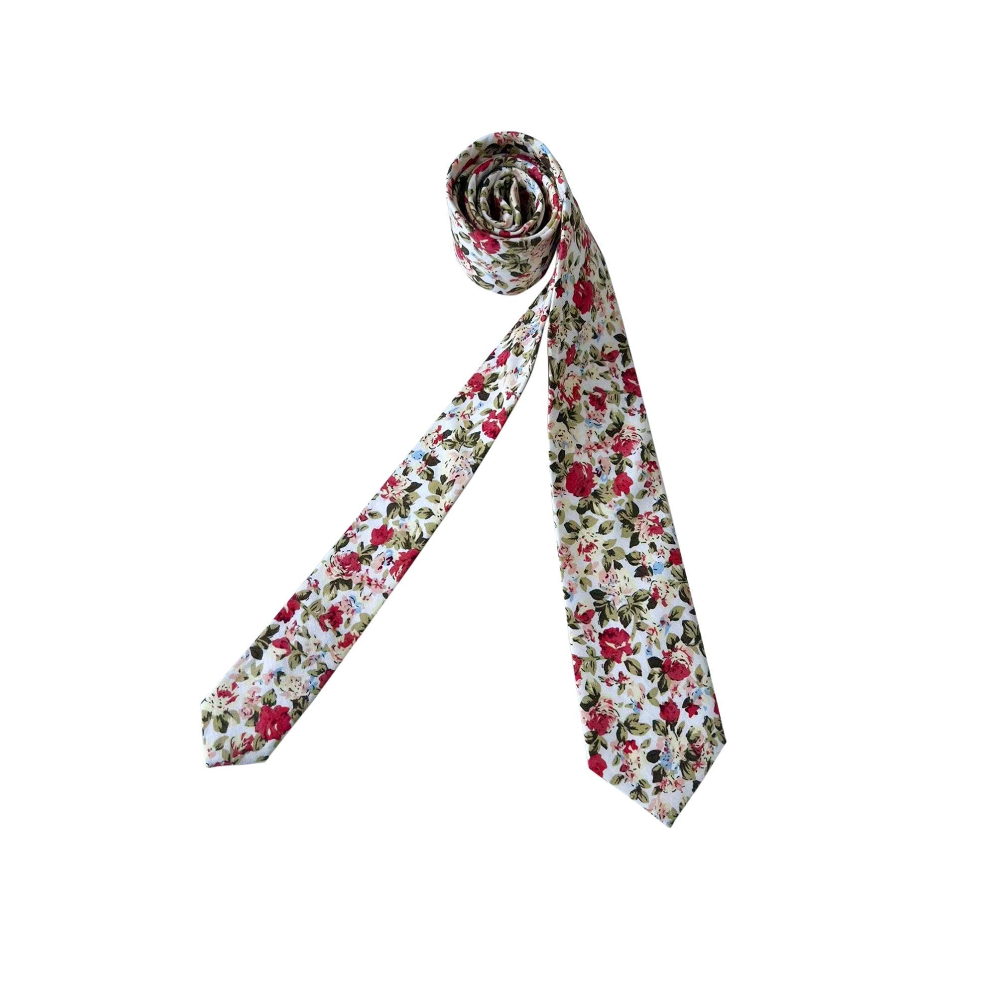 Maroon Green Floral On White Skinny Tie