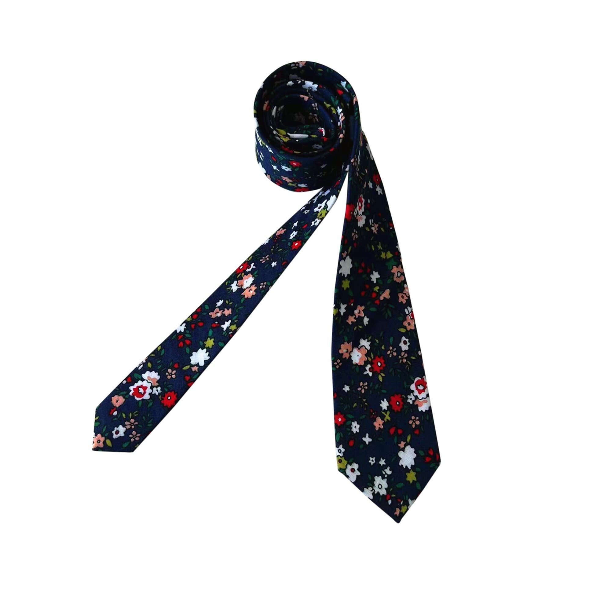 Navy Blue White and Maroon Floral Skinny Tie