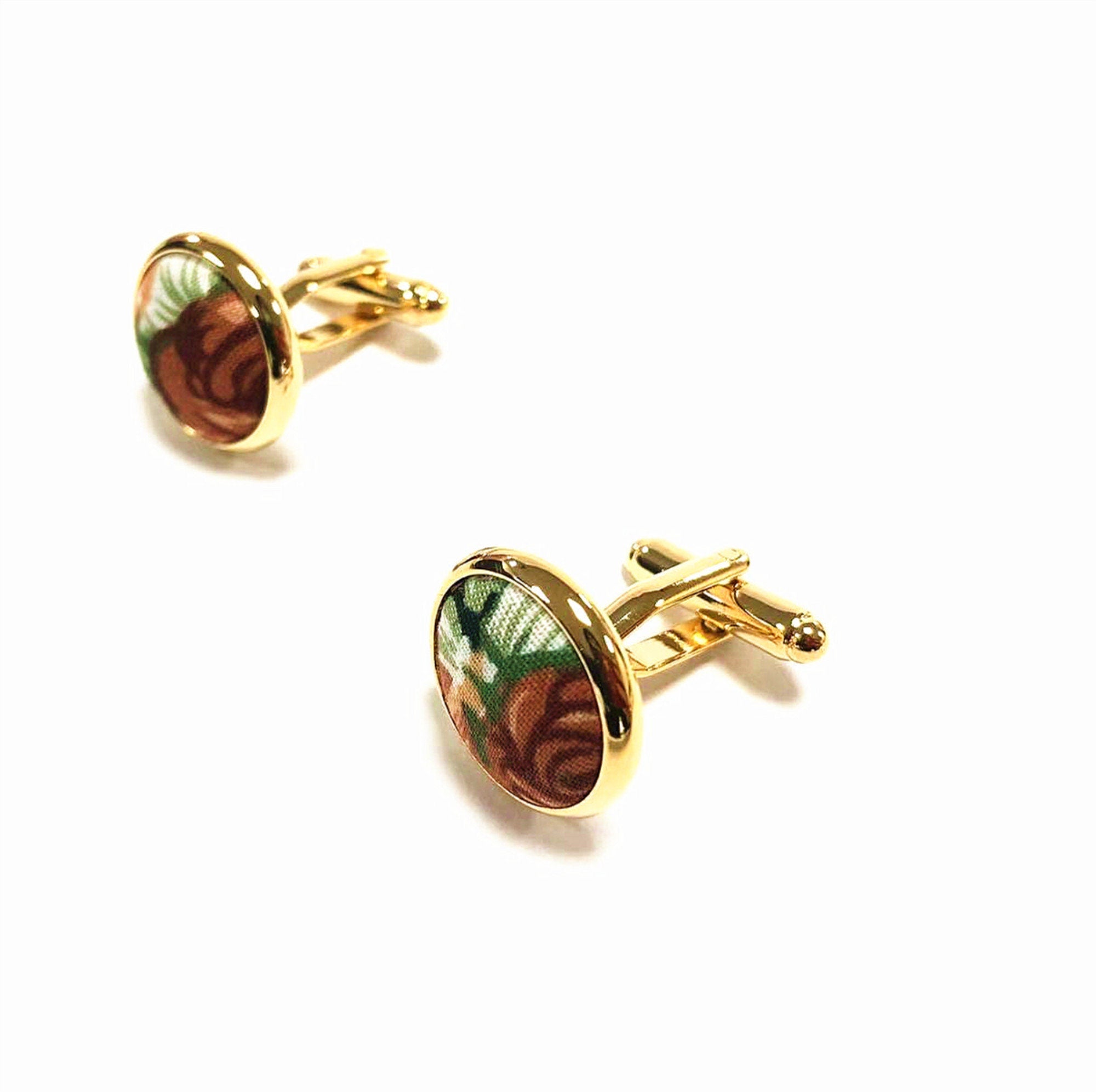 Orange Green Floral Gold Cufflinks