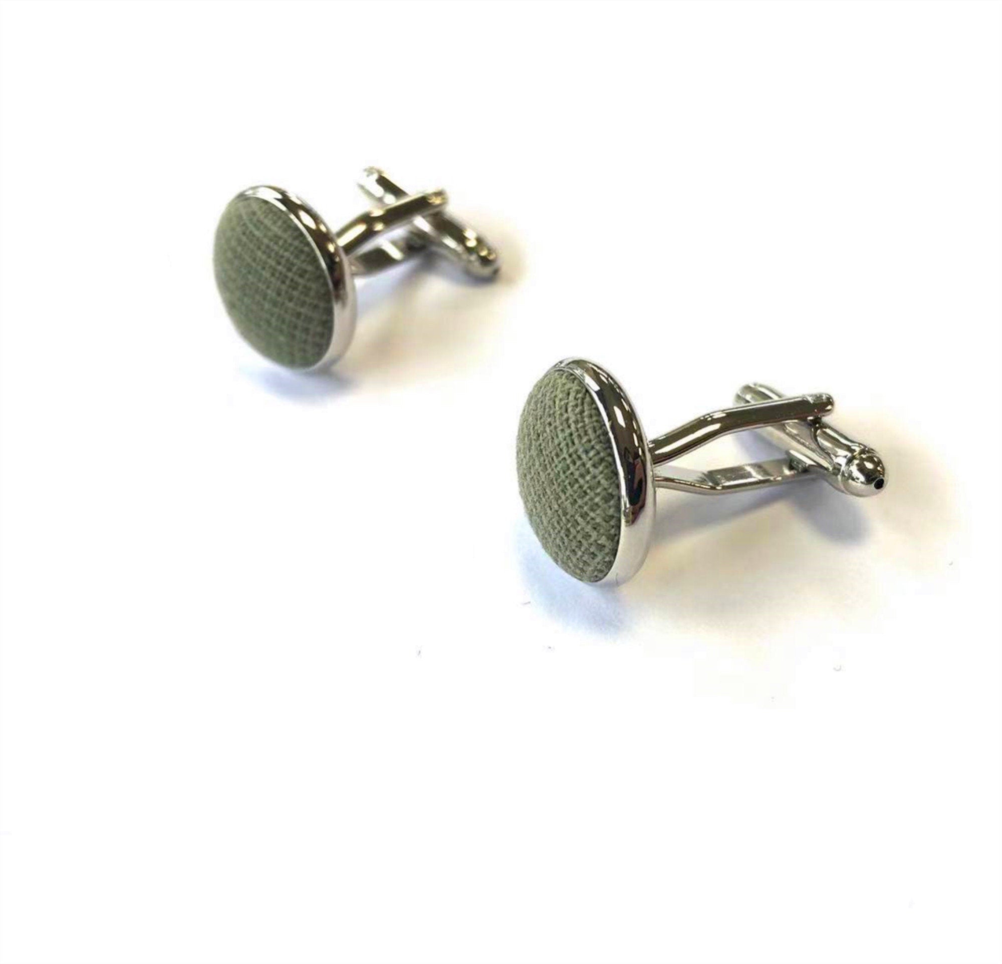 Sage Green Cotton Silver Cufflinks