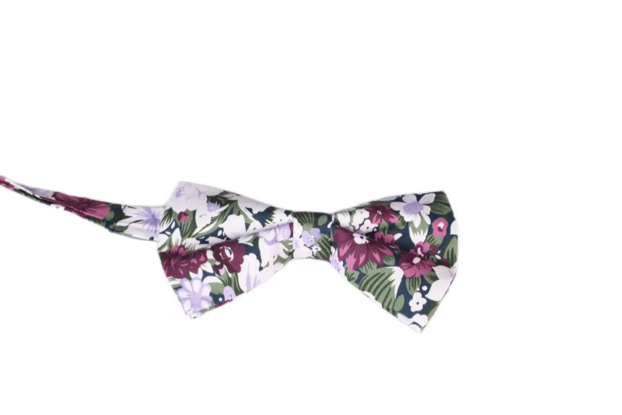 Plum Purple Floral Bow Tie: Sage Green Flowers, Cotton Wedding Bowtie