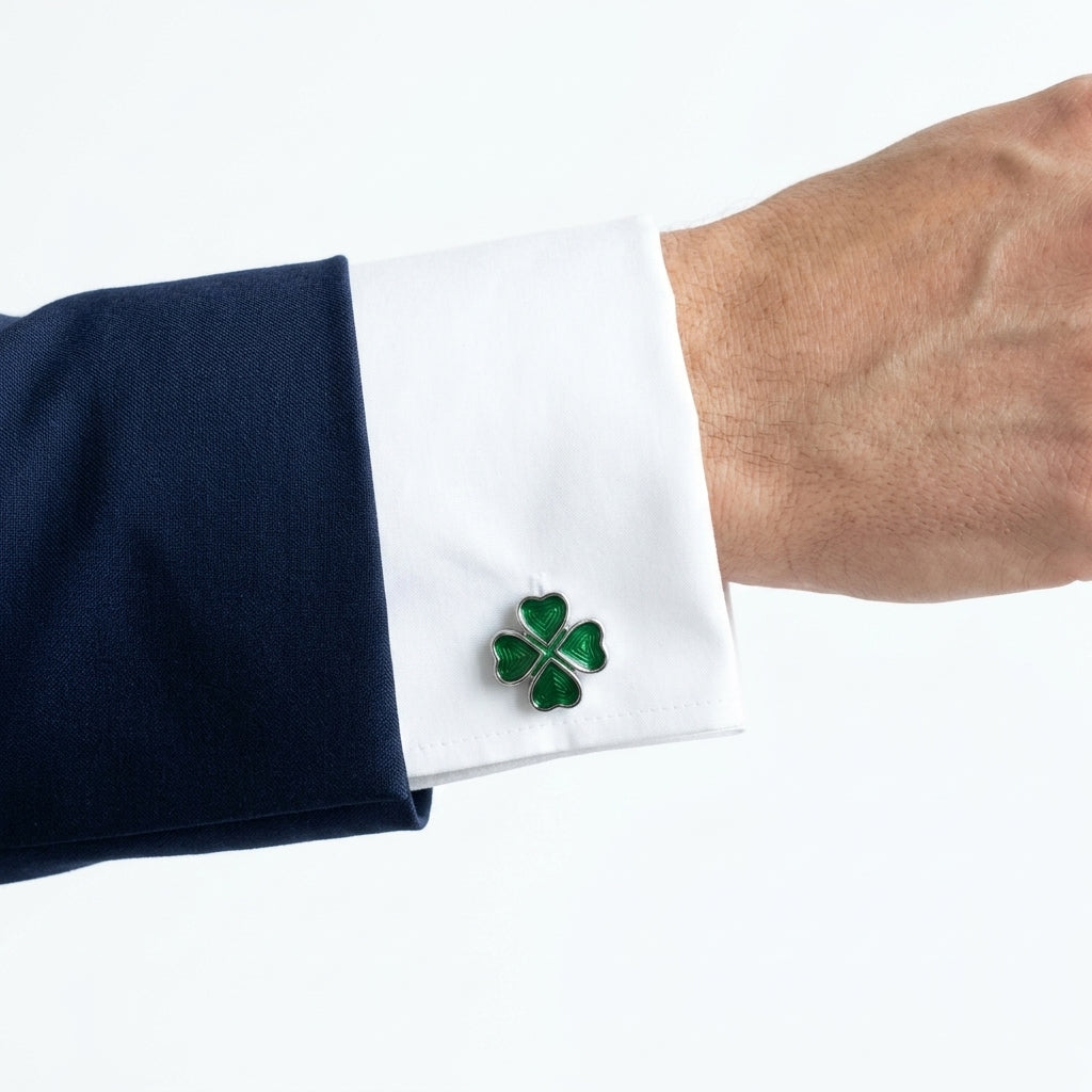 Green Clover Plated Silver Cufflinks – Men's Wedding Gift, Father's Day Gift