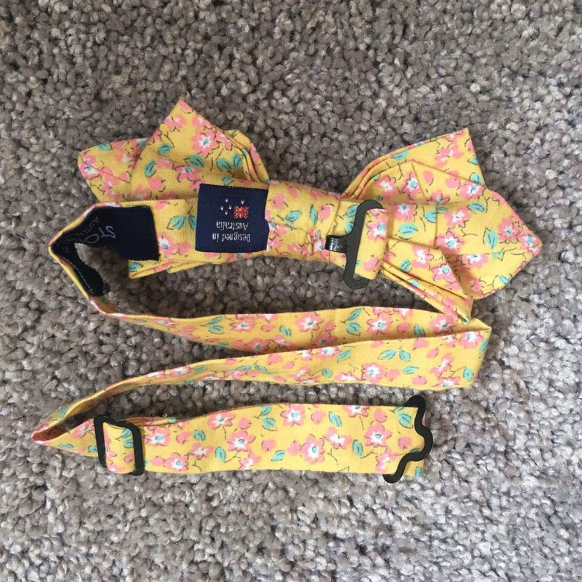 Pink Floral On Yellow Pre-tied Diamond Bow Tie