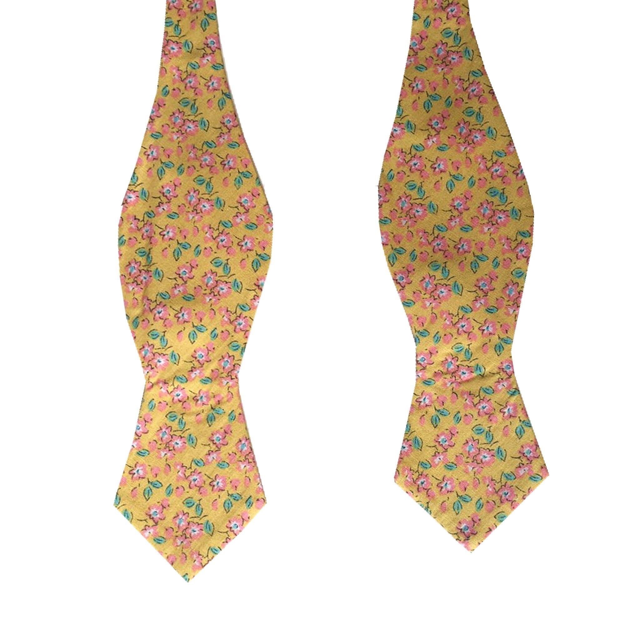 Pink Floral On Yellow Self-tied Diamond Bow Tie