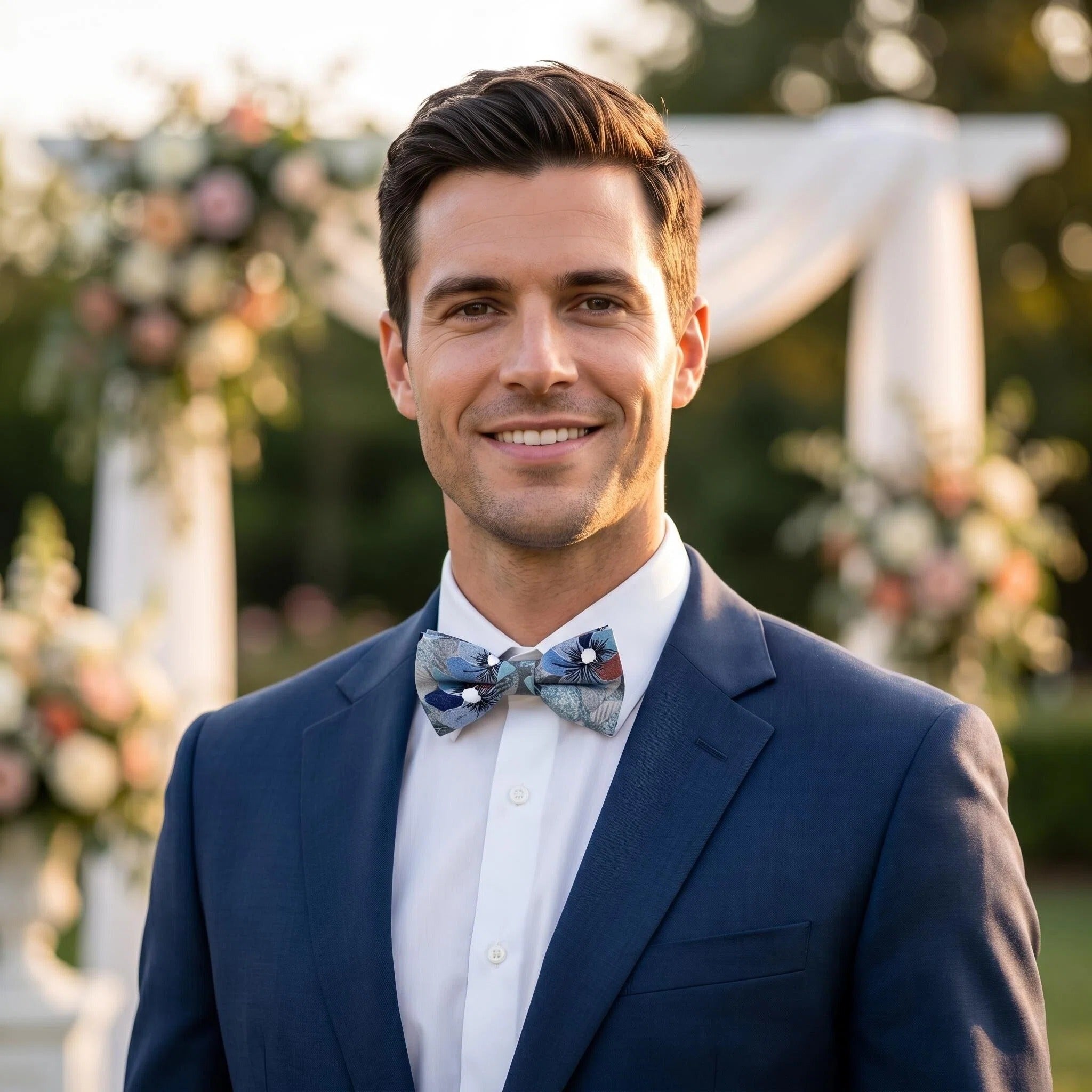 Grey Silver with Dusty Blue Floral Pre-tied Bow Tie