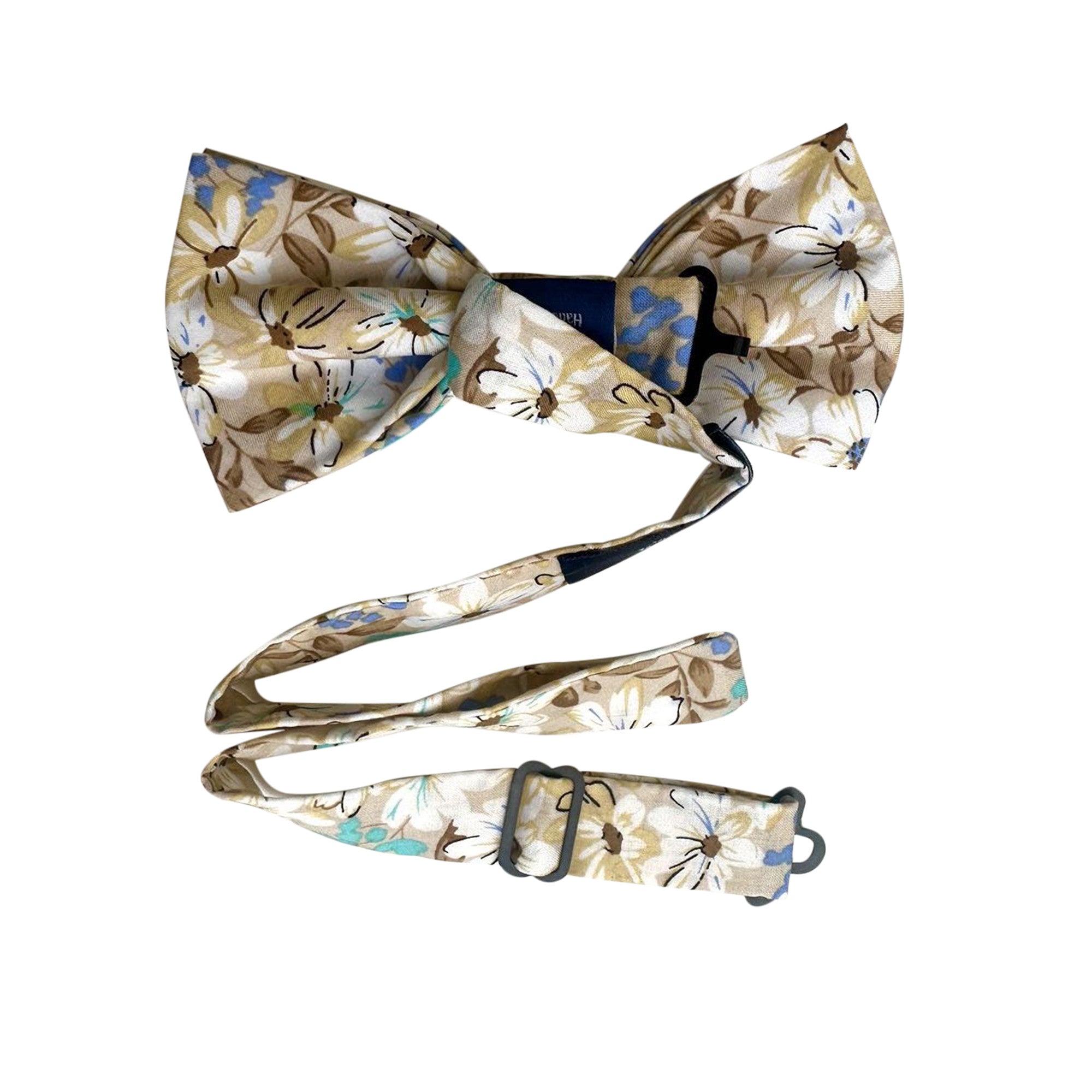 White Floral on Beige Pre-tied Bow Tie