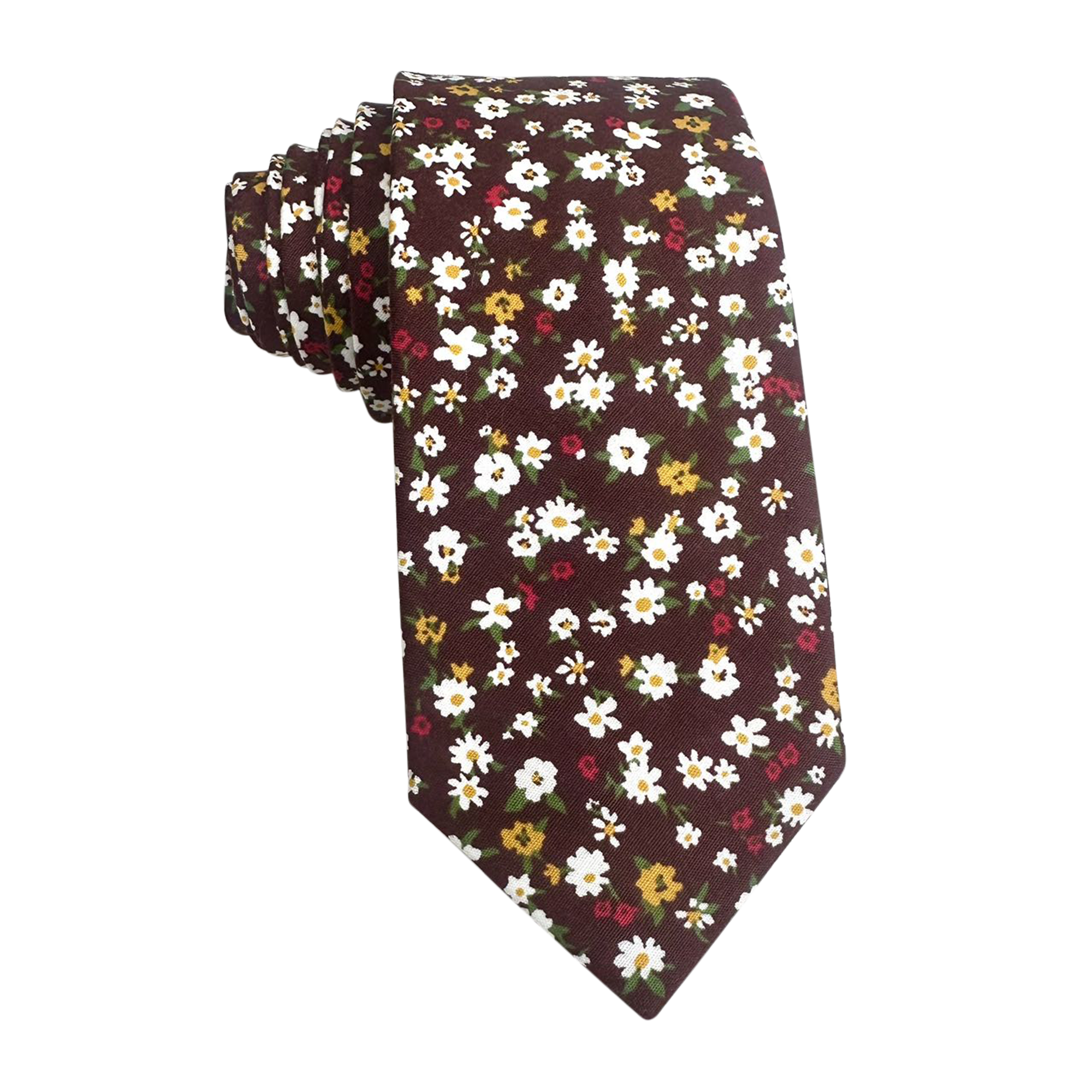 White Red Floral On Burgundy Skinny Tie