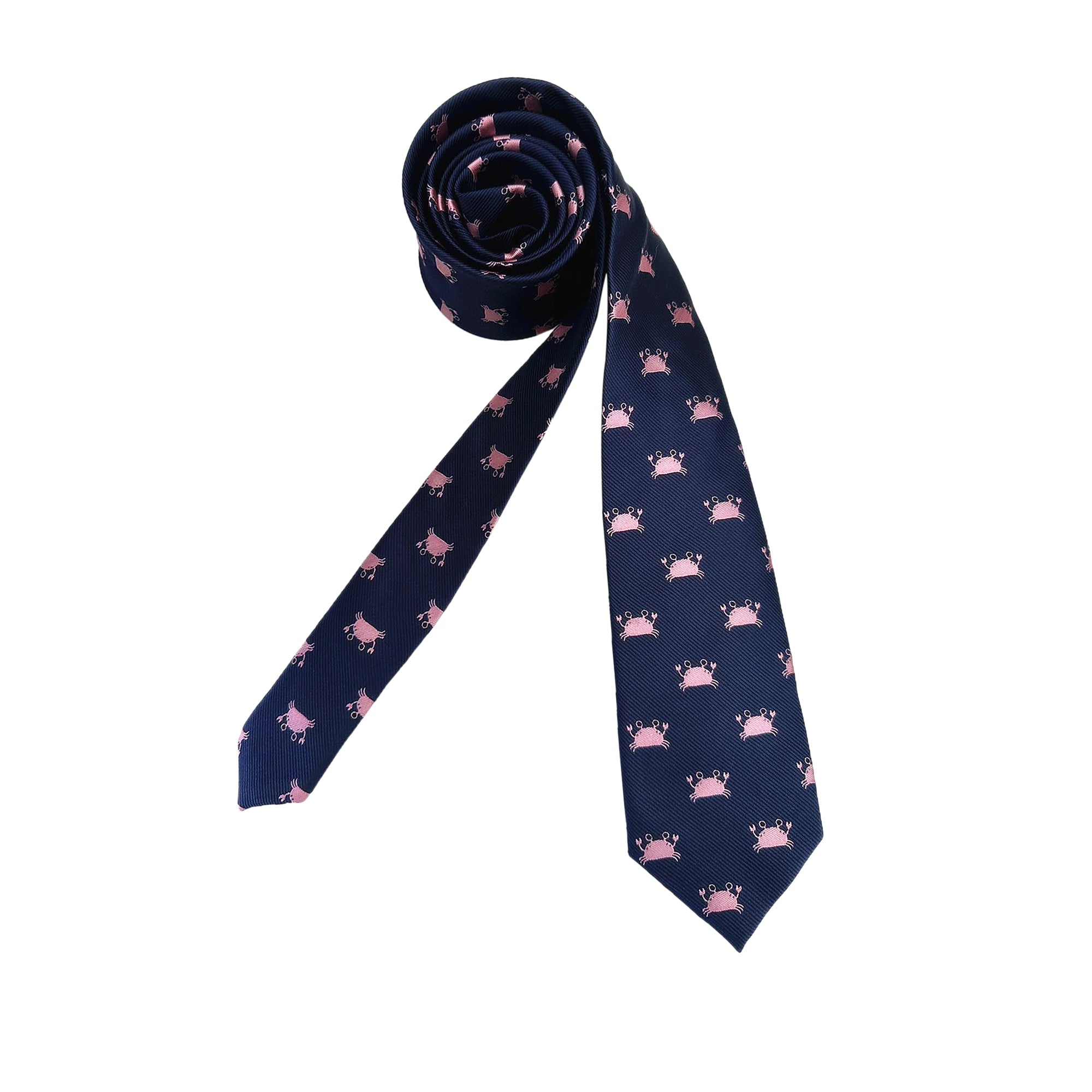 Navy Blue with Pink Crab Skinny Tie