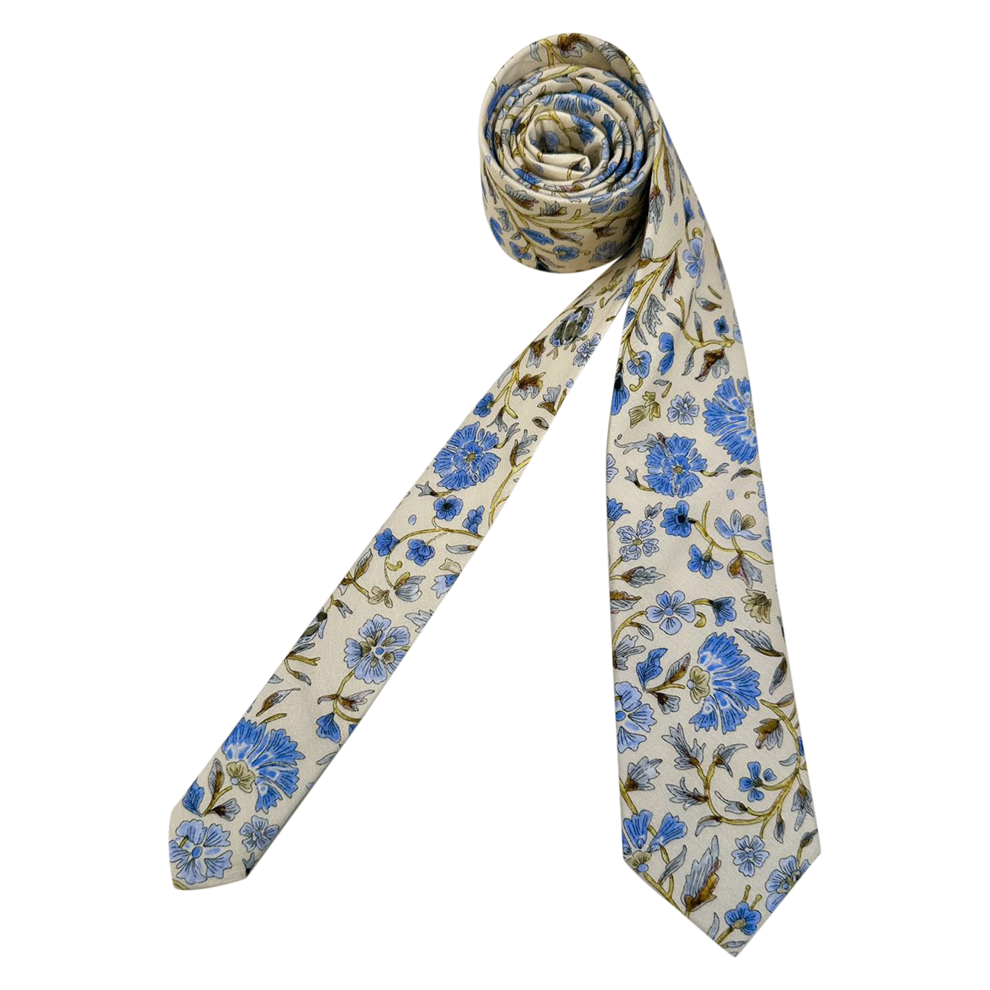 Blue Yellow Floral on Beige Skinny Tie