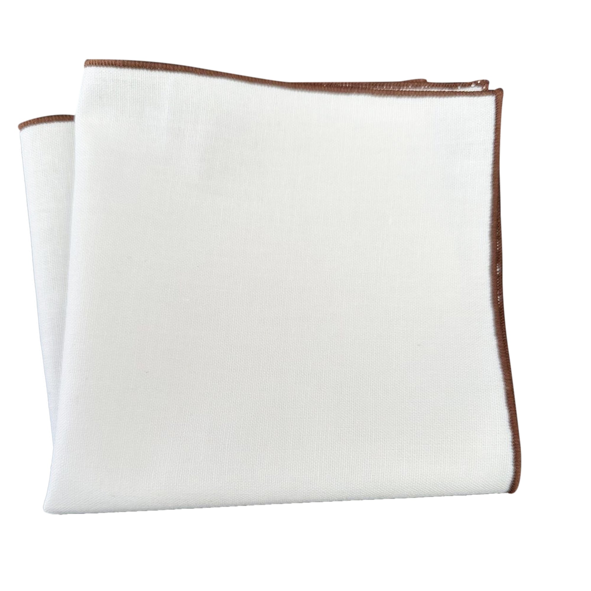 White Linen Pocket Square Brown Border