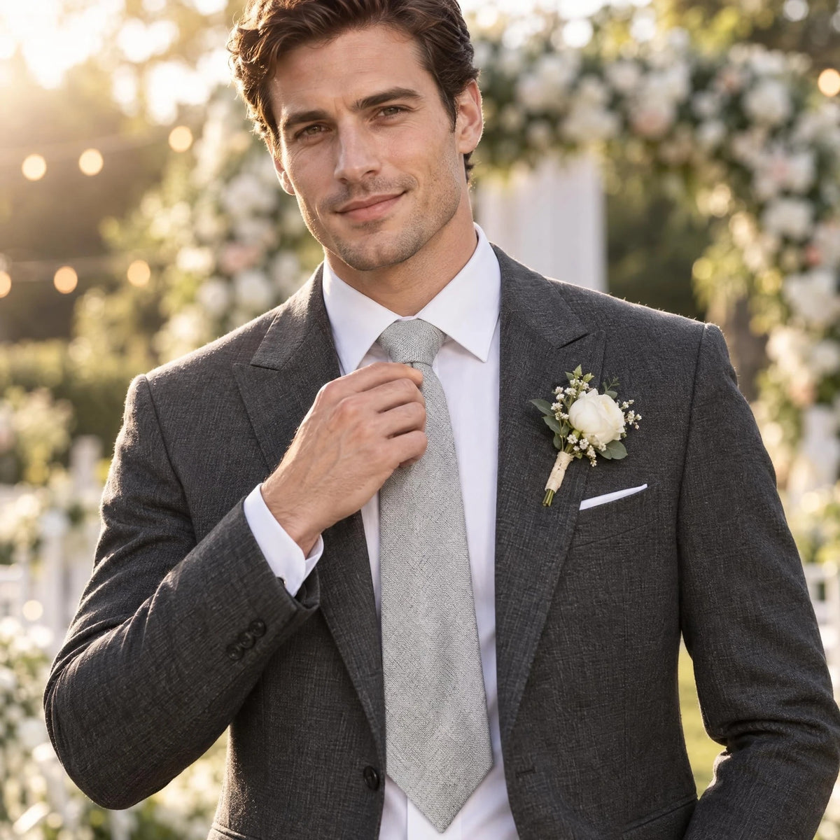 Light Gray Textured Linen Skinny tie, Dry Grey Woven Melange Wedding Slim Tie