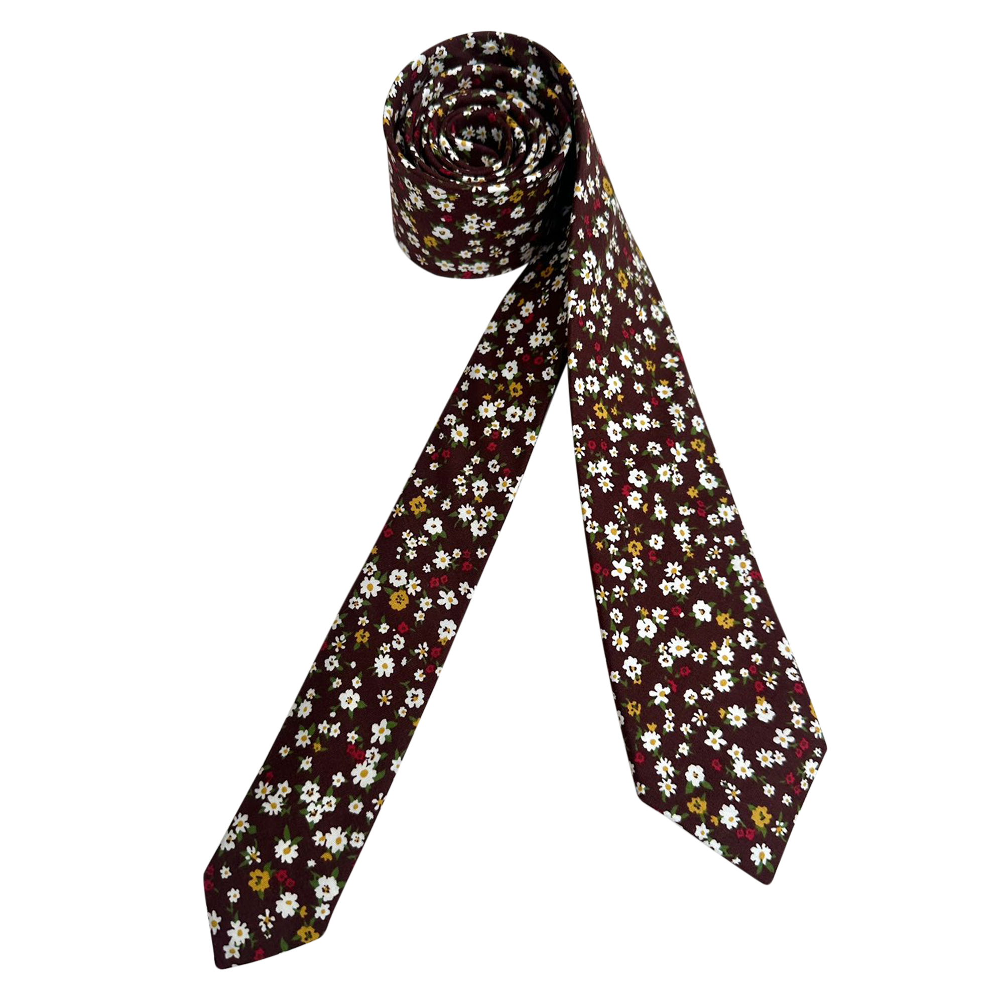 White Red Floral On Burgundy Skinny Tie