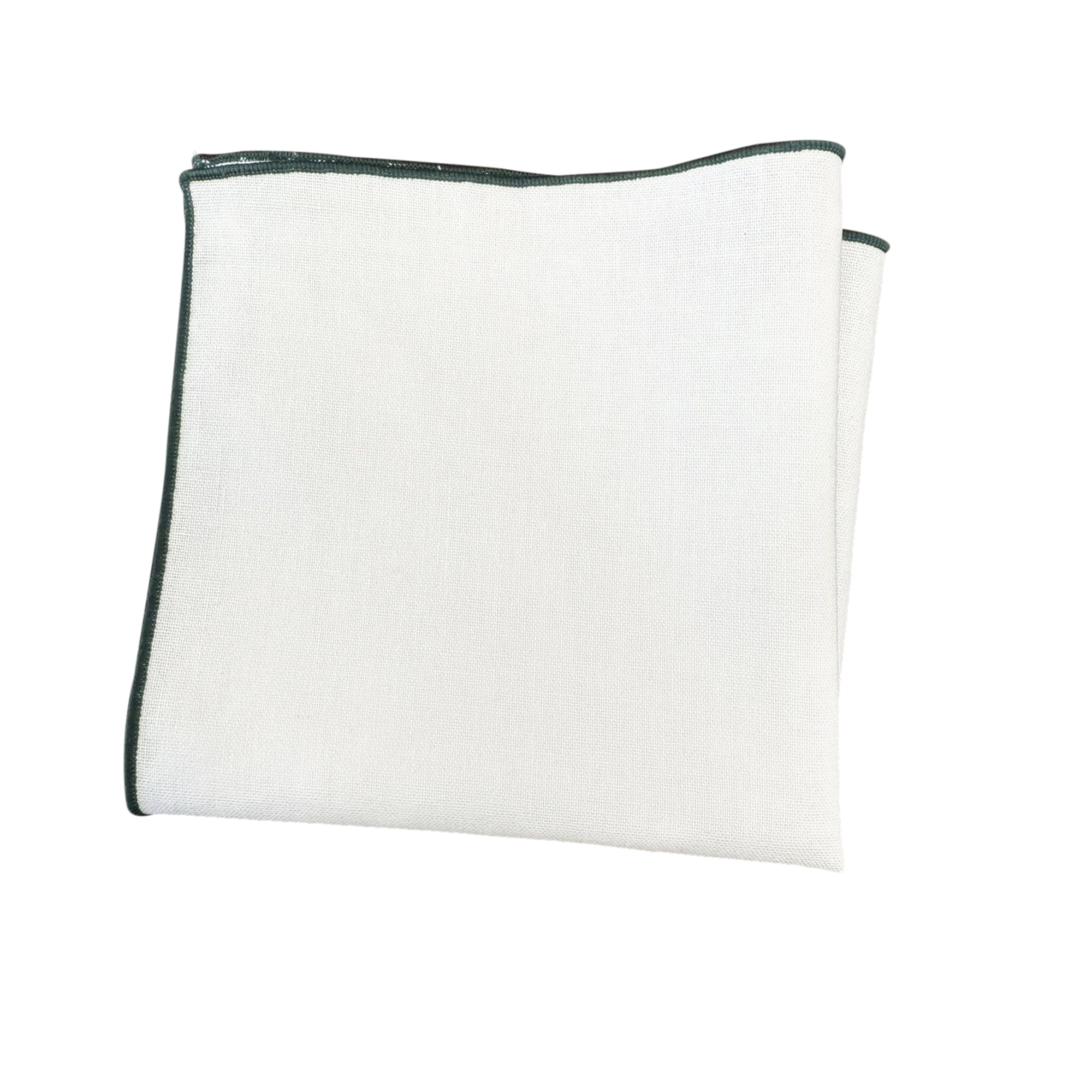 White Linen Pocket Square Dark Green Border
