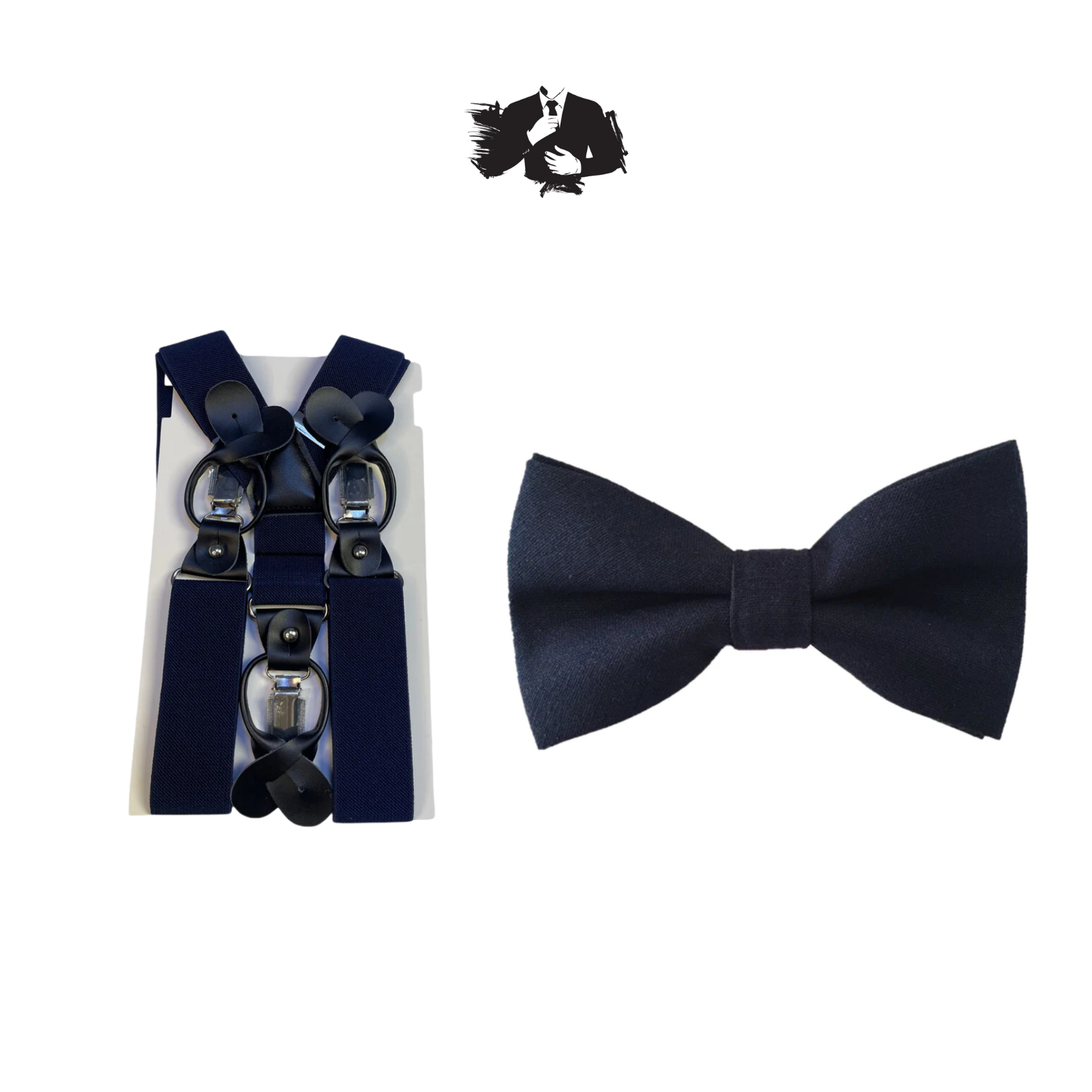 Dark Navy Adult Suspender + Dark Navy Linen Pre-tied Bow Tie COMBO