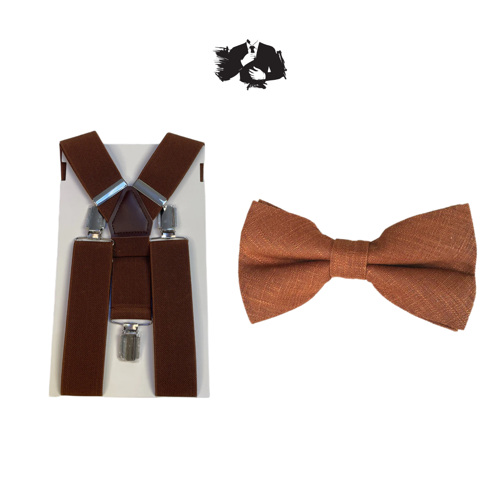Chocolate Brown Adult Suspender + Rusty Bronze Linen Pre-tied Bow Tie COMBO
