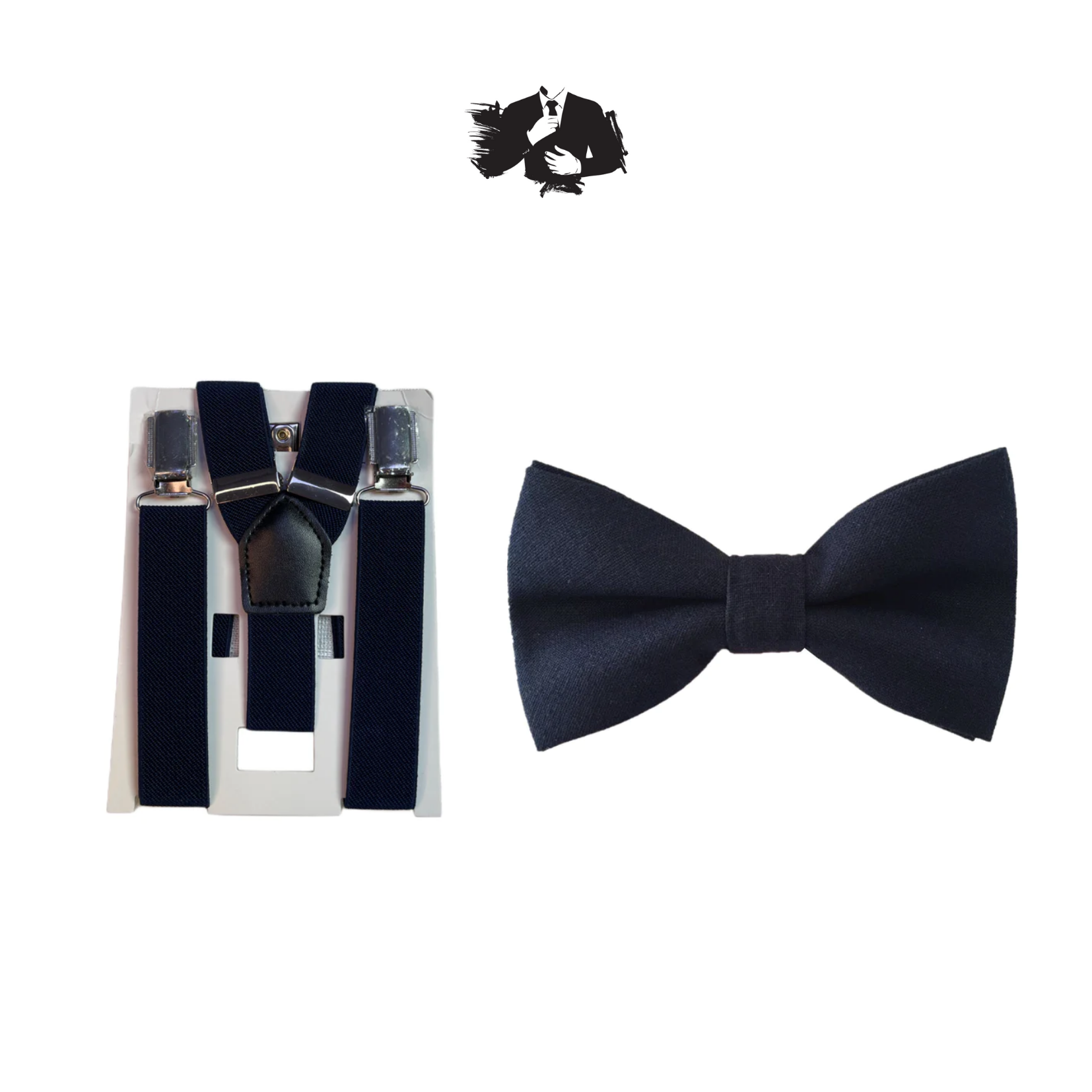 Dark Navy Kids Suspender + Dark Midnight Linen Kids Bow Tie COMBO