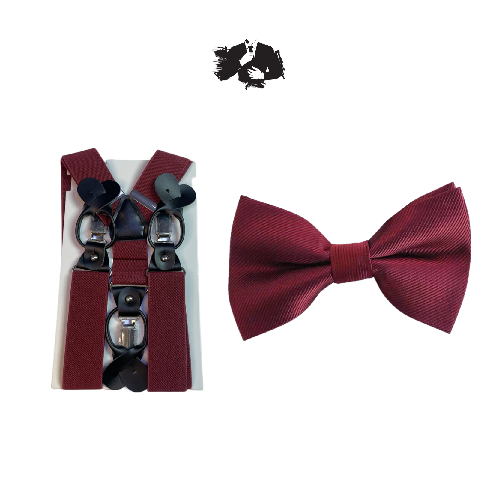 Burgundy Adult Suspender + Merlot Burgundy Weave Pre-tied Bow Tie COMBO