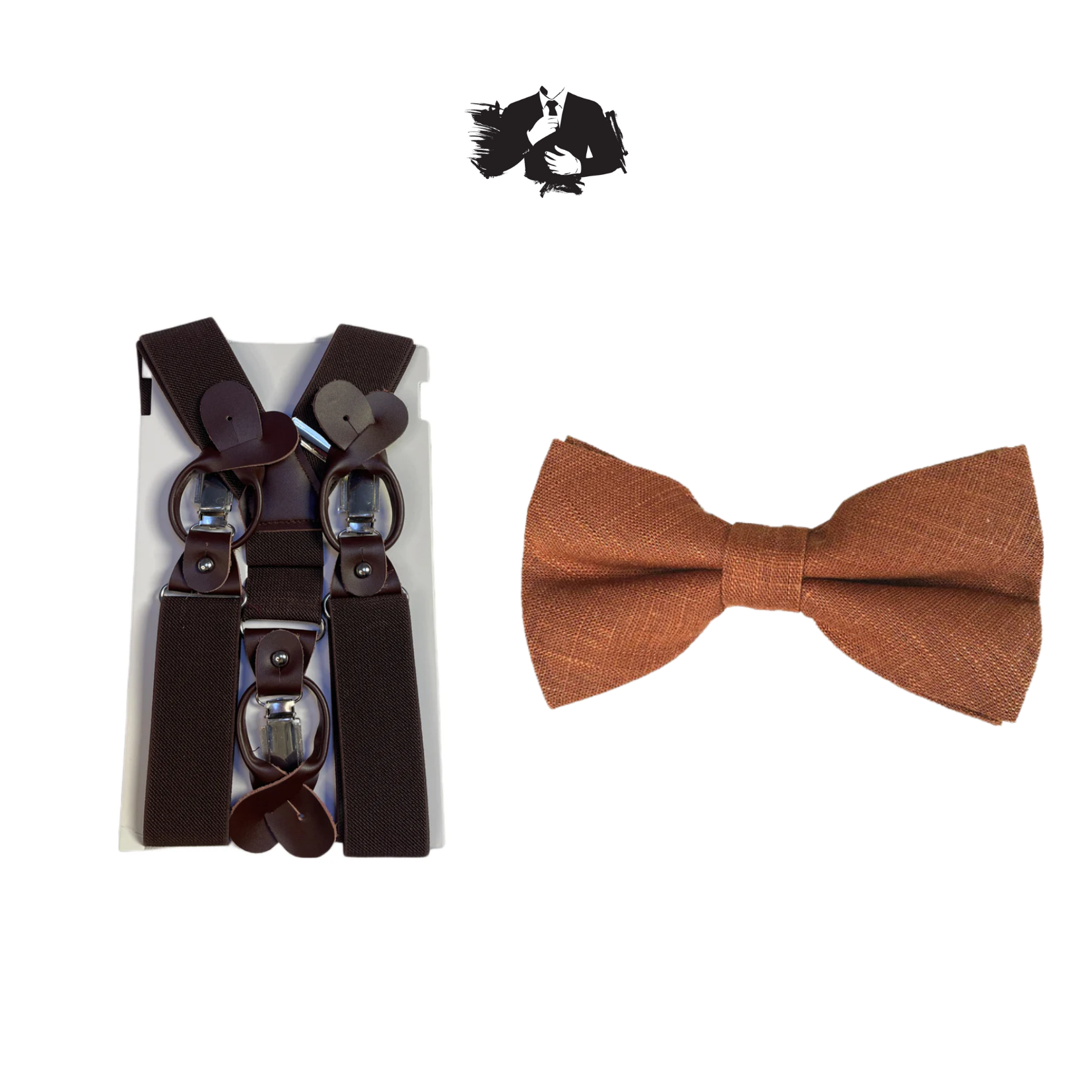 Brown Adult Suspender + Rusty Bronze Linen Pre-tied Bow Tie COMBO