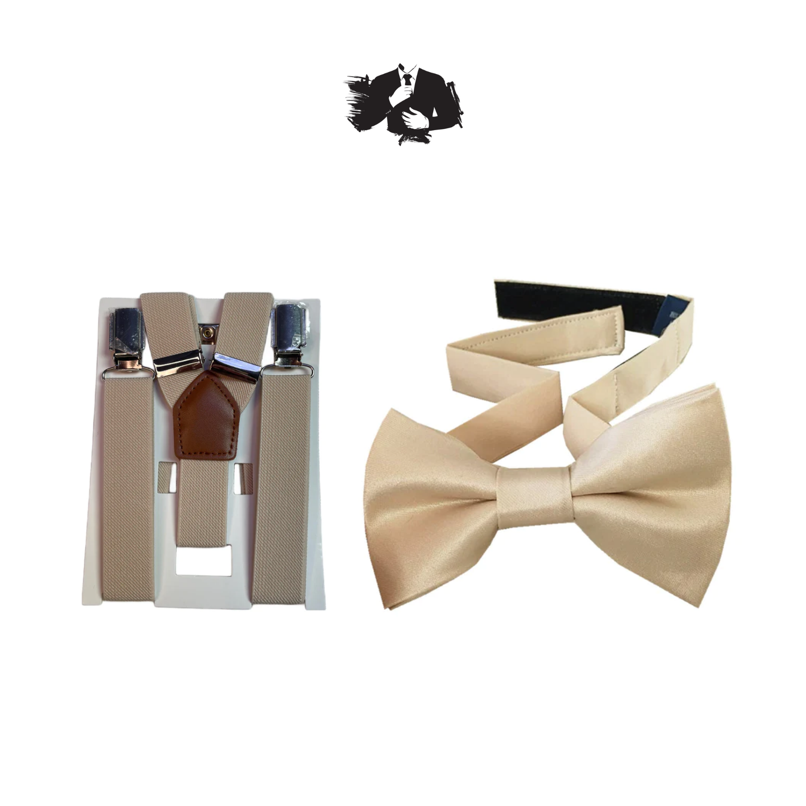 Champagne Oatmeal Kids Suspender + Champagne Satin Kids Bow Tie COMBO