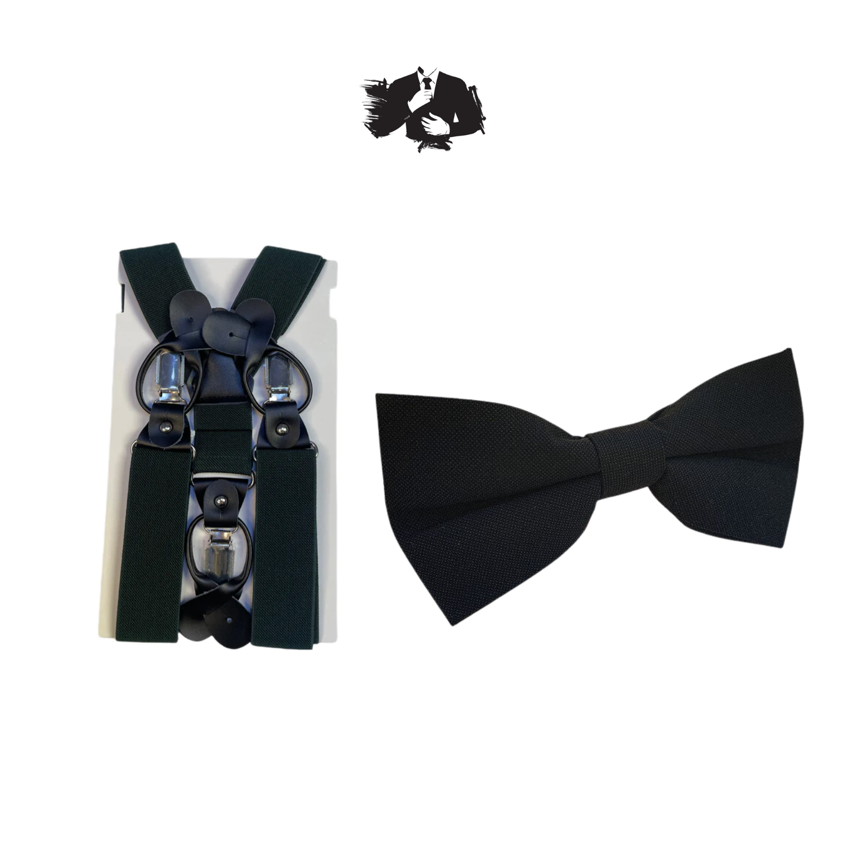 Black Adult Suspender + Black Cotton Pre-tied Bow Tie
