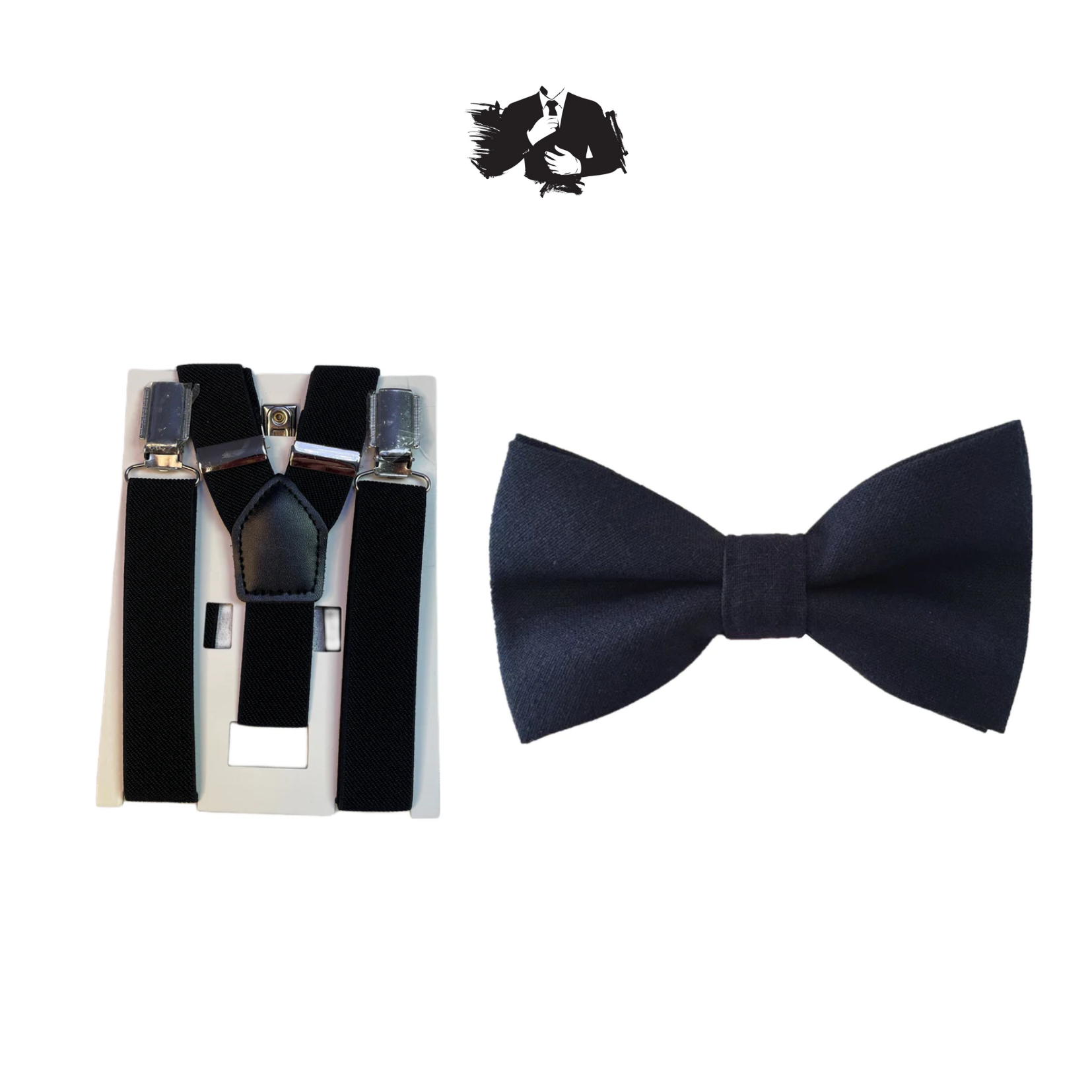 Black Kids Suspender + Dark Midnight Linen Kids Bow Tie COMBO
