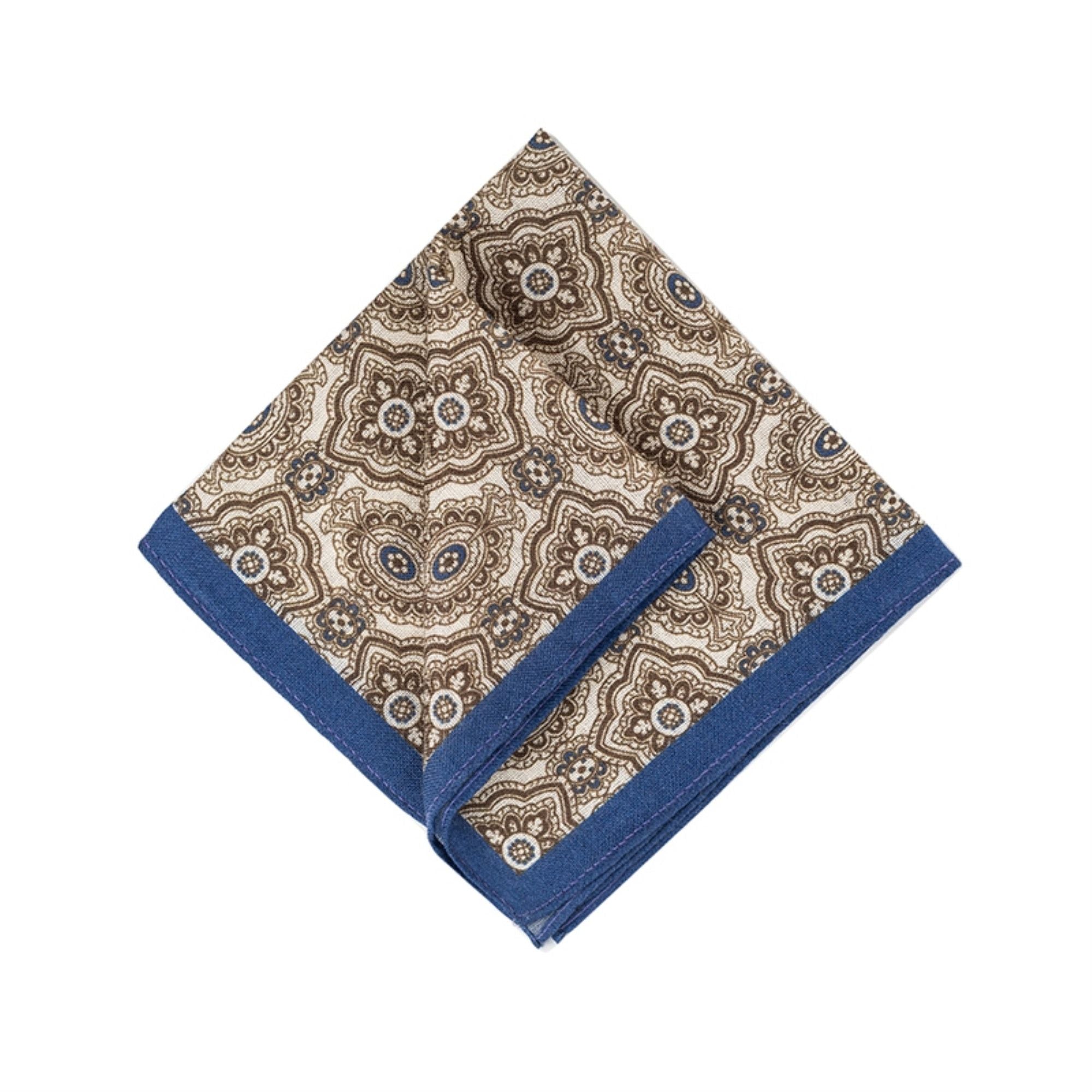 Blue Border Brown Paisley Wool Pocket Square
