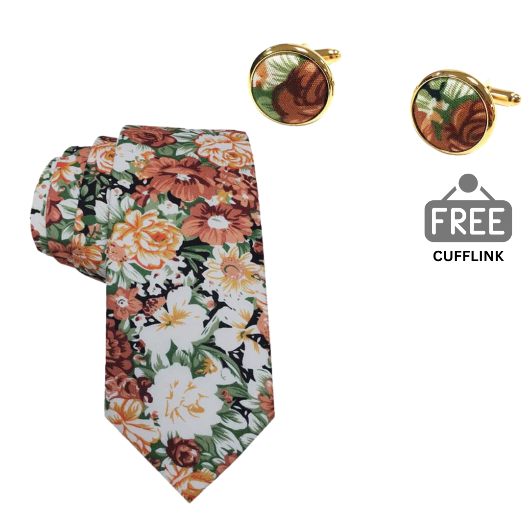 Orange Green Floral Necktie + FREE CUFFLINK