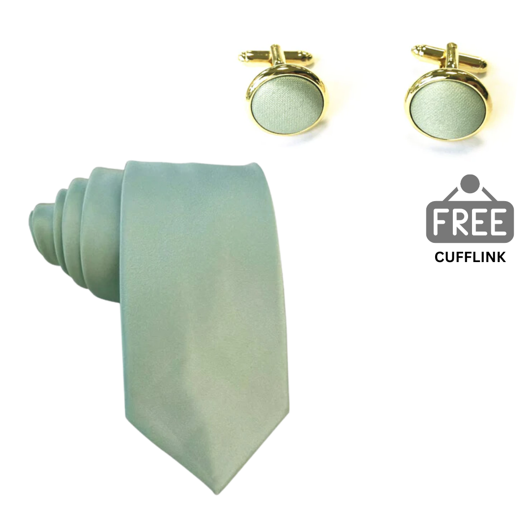 Dusty Sage Satin Skinny Tie + FREE CUFFLINK