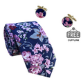 Navy Purple Floral Skinny Tie + FREE CUFFLINK