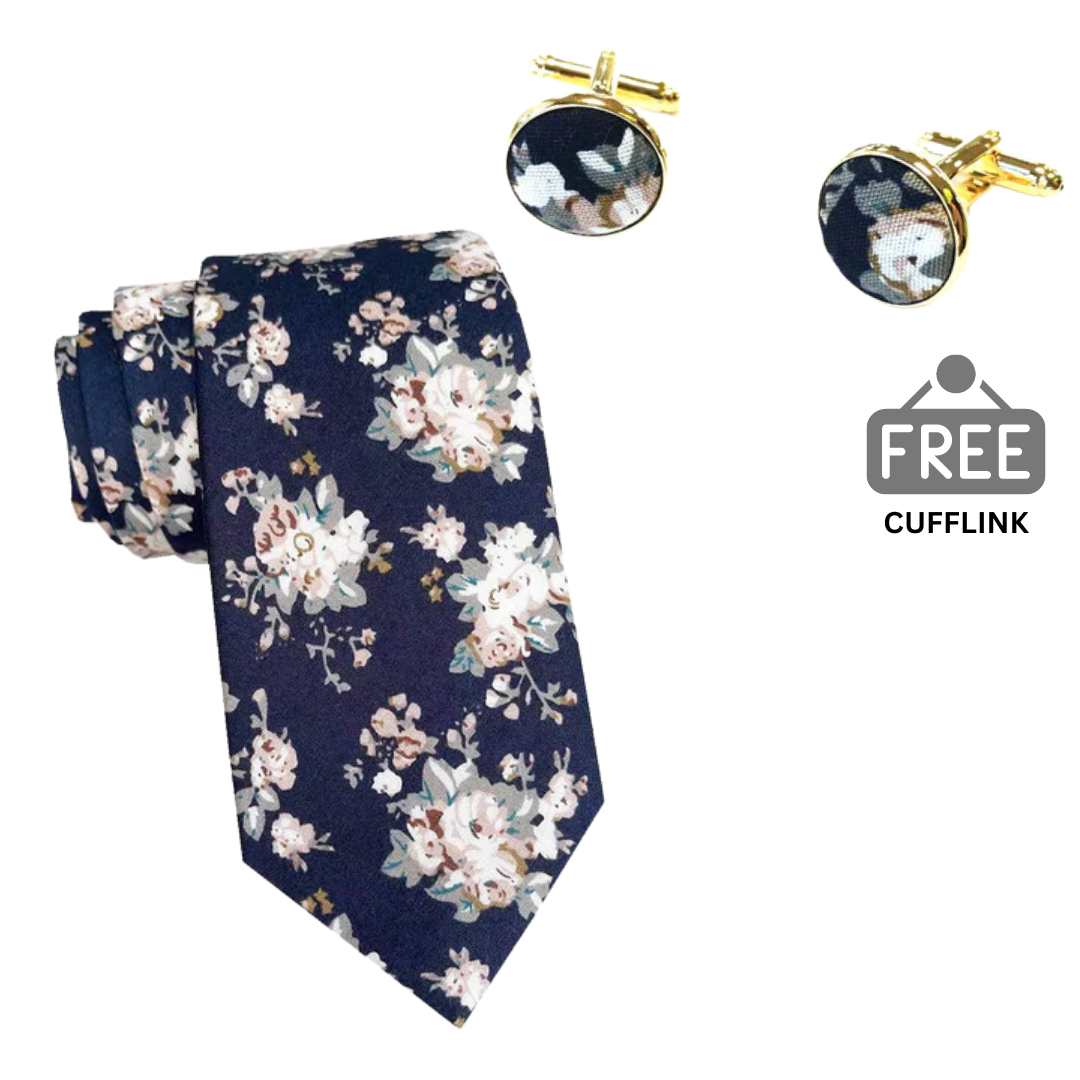 Midnight White Floral Skinny Tie + FREE CUFFLINK