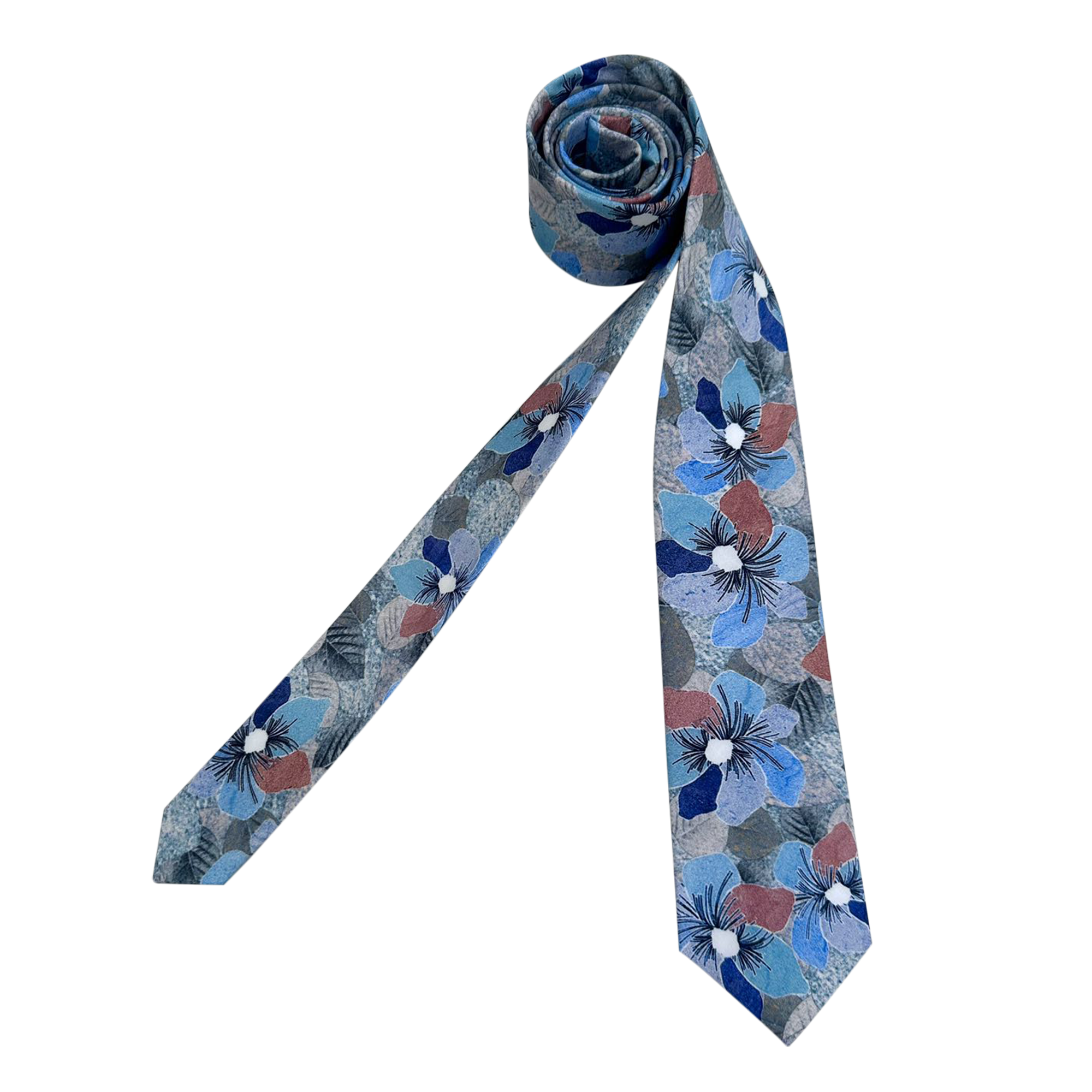 Grey Silver with Blue Floral Skinny Tie
