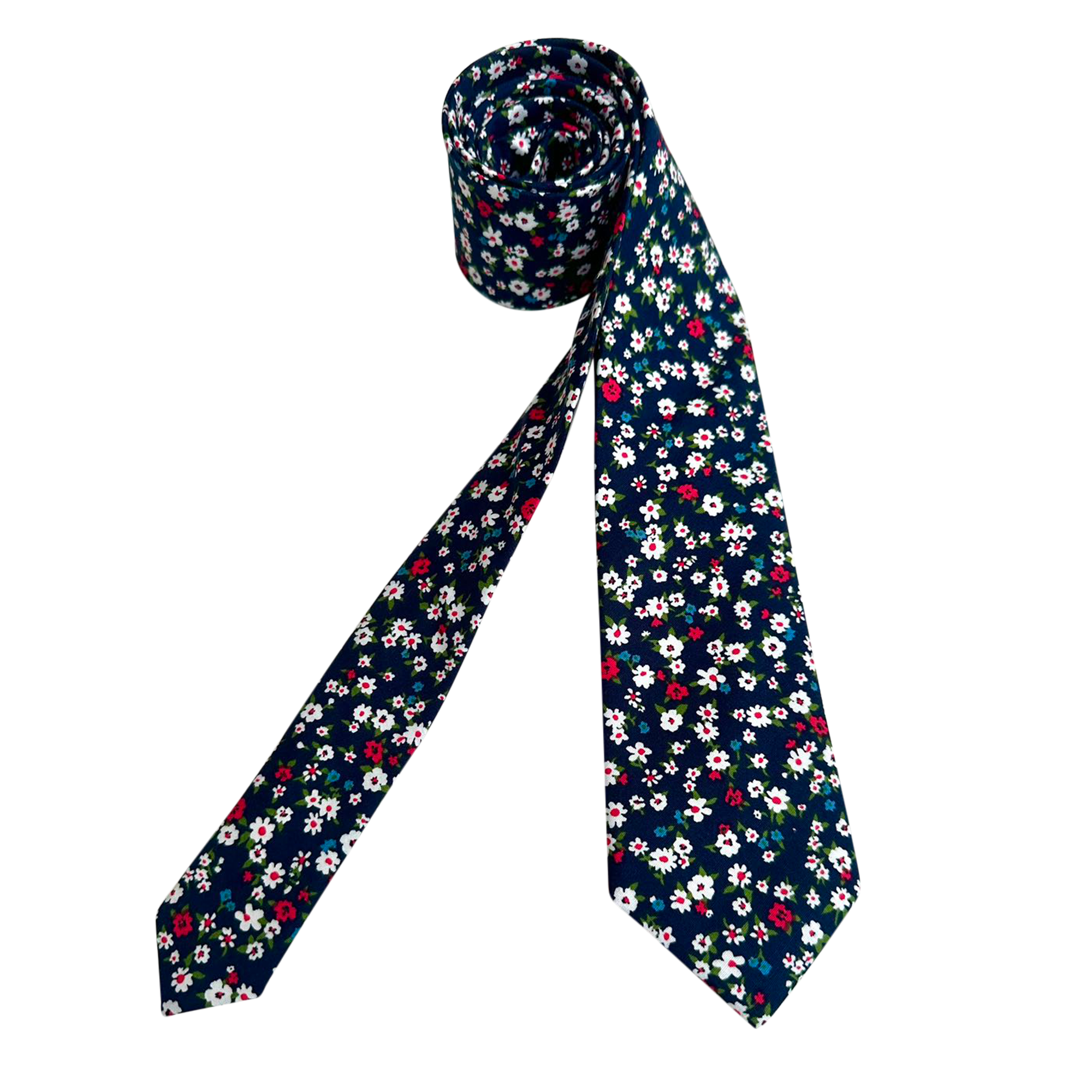 White Red Floral On Navy Blue Skinny Tie