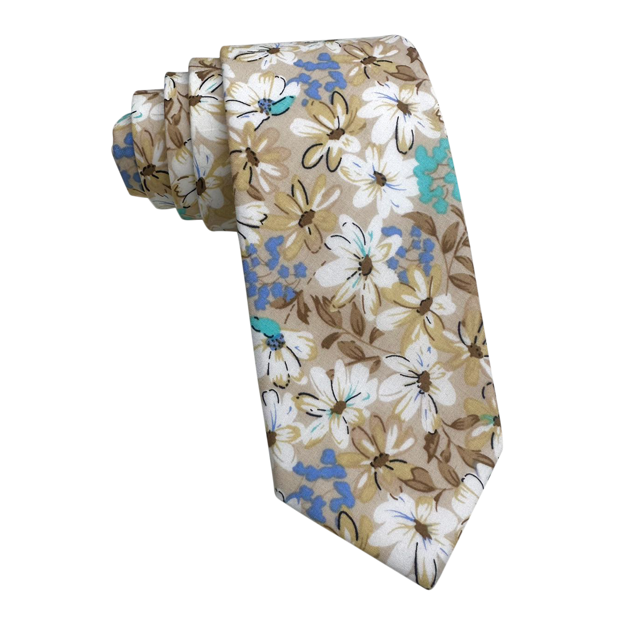 White Floral on Beige Skinny Tie