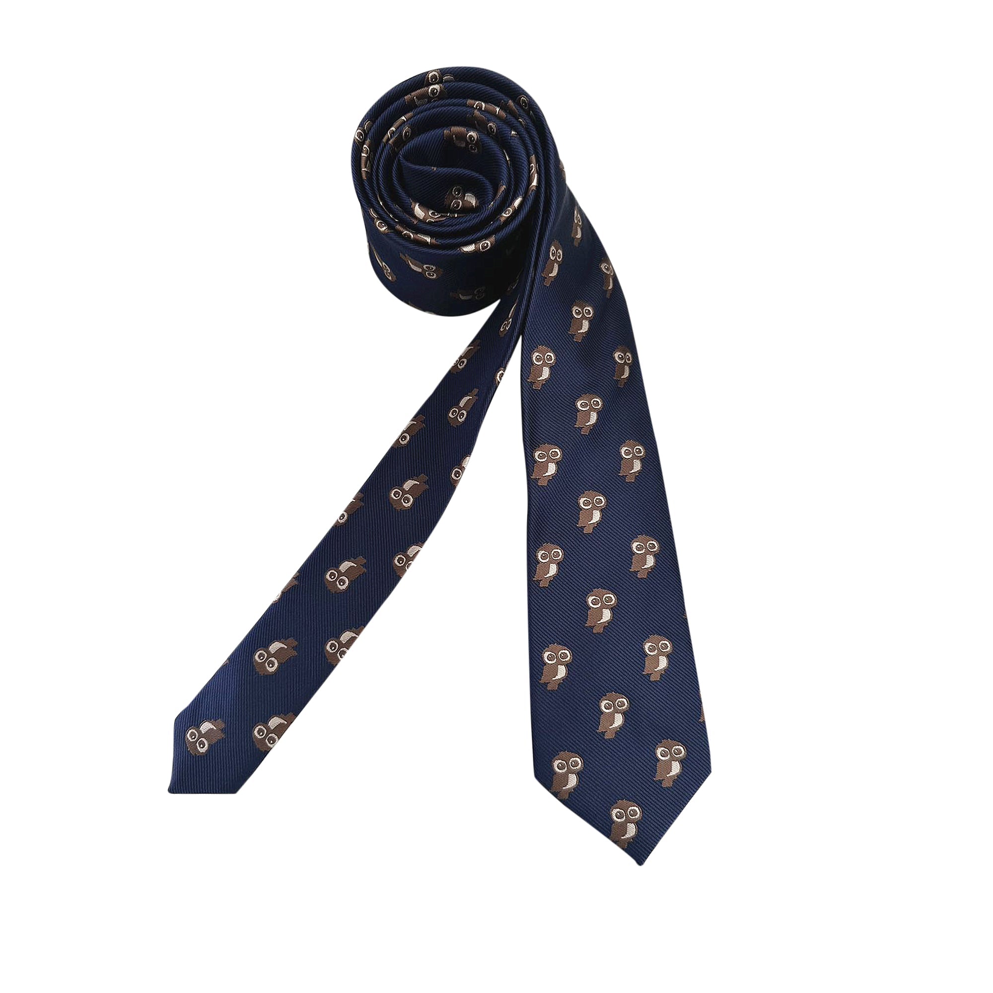 Navy Blue Brown Night Owl Skinny Tie