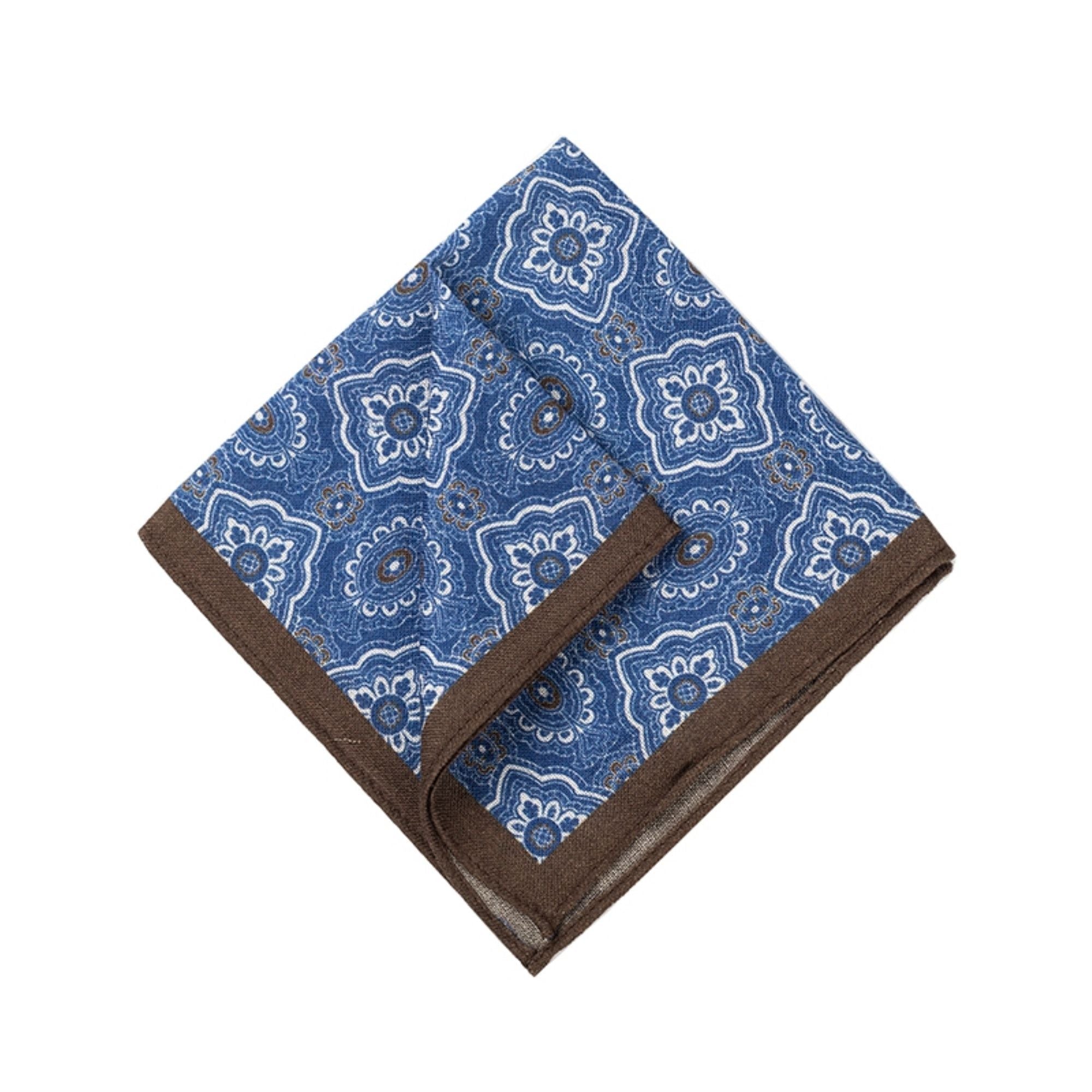 Brown Border Blue Paisley Wool Pocket Square