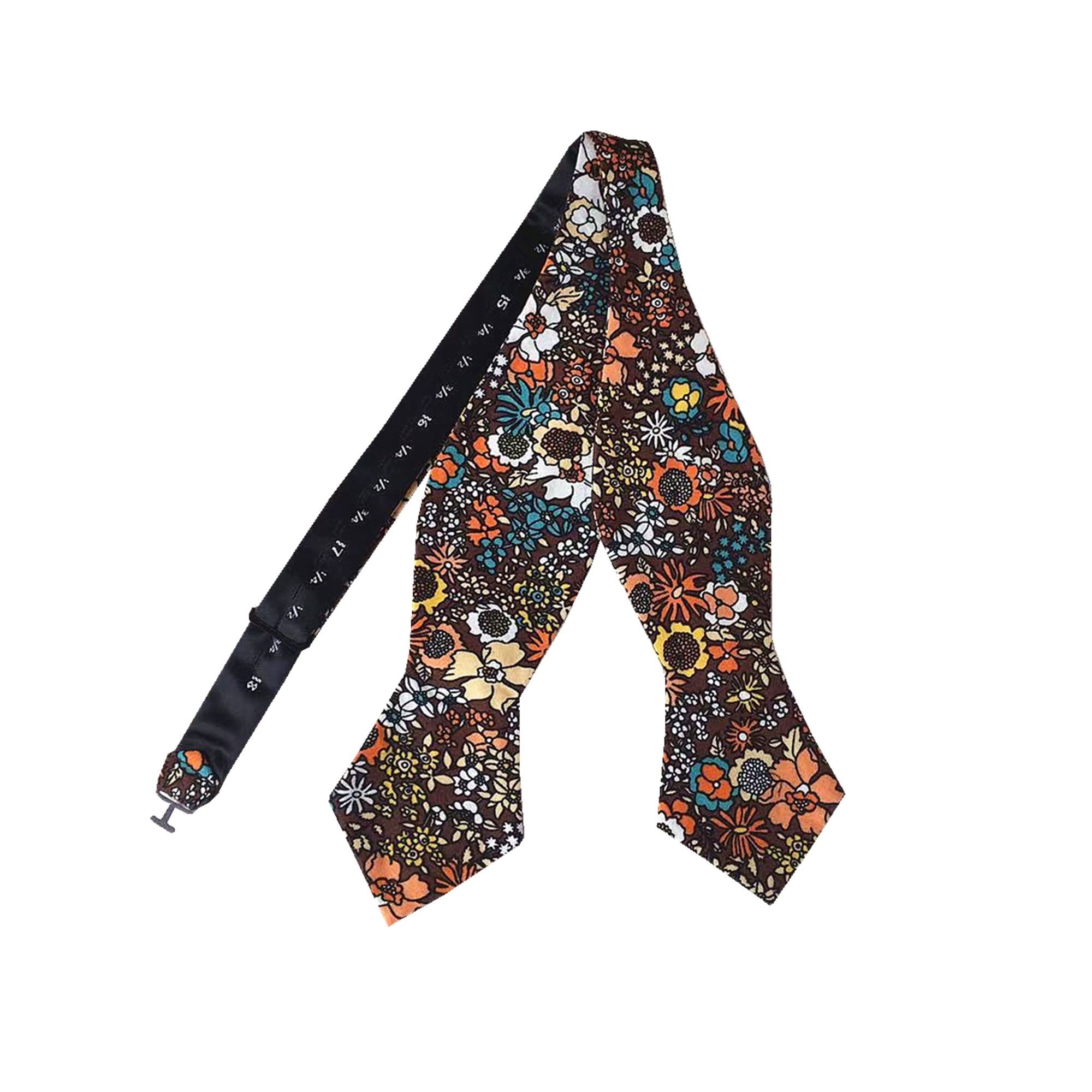 Orange Floral On Brown Self-tied Tip Bow Tie