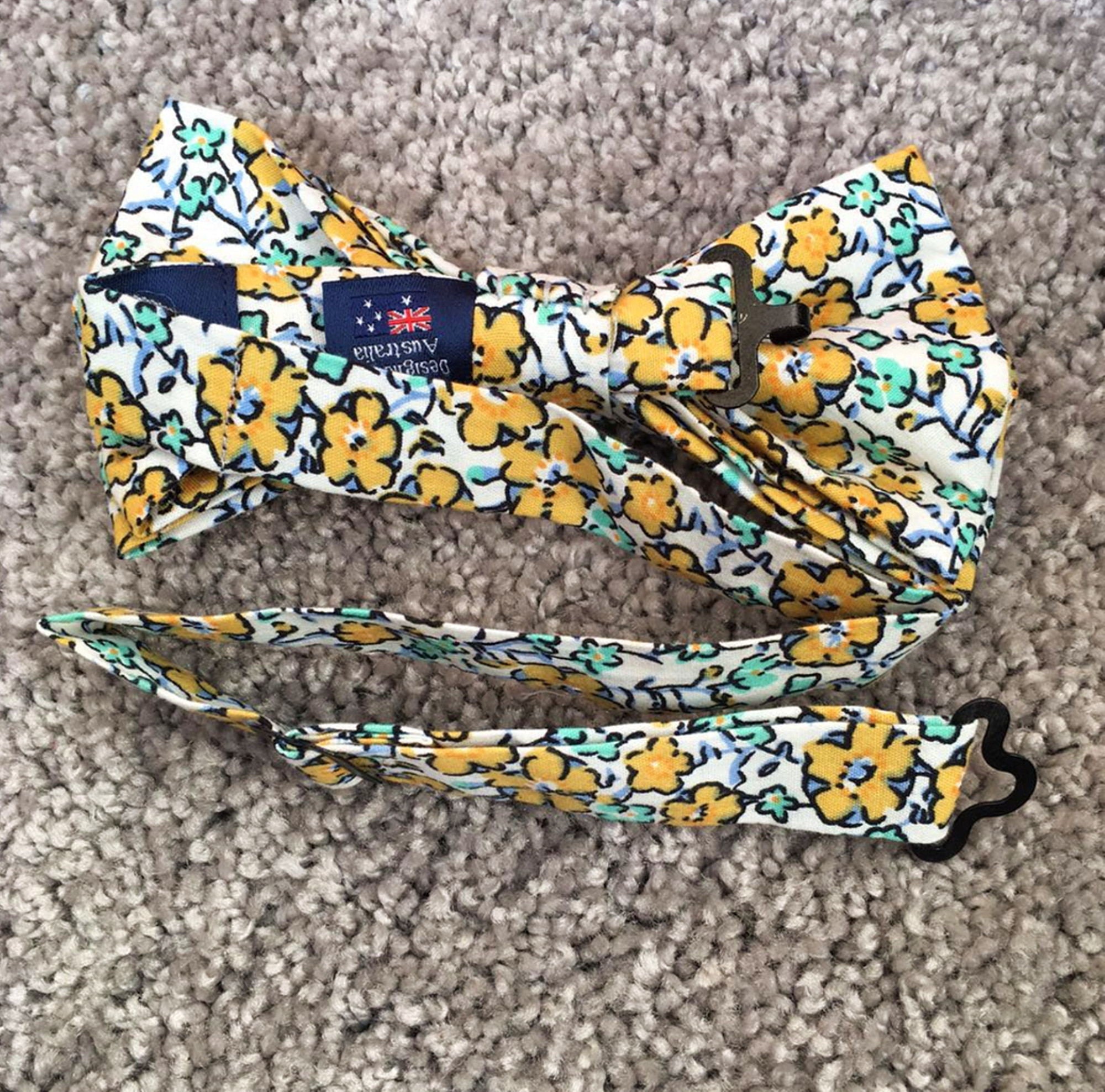 White Yellow Floral Pre-tied Bow Tie