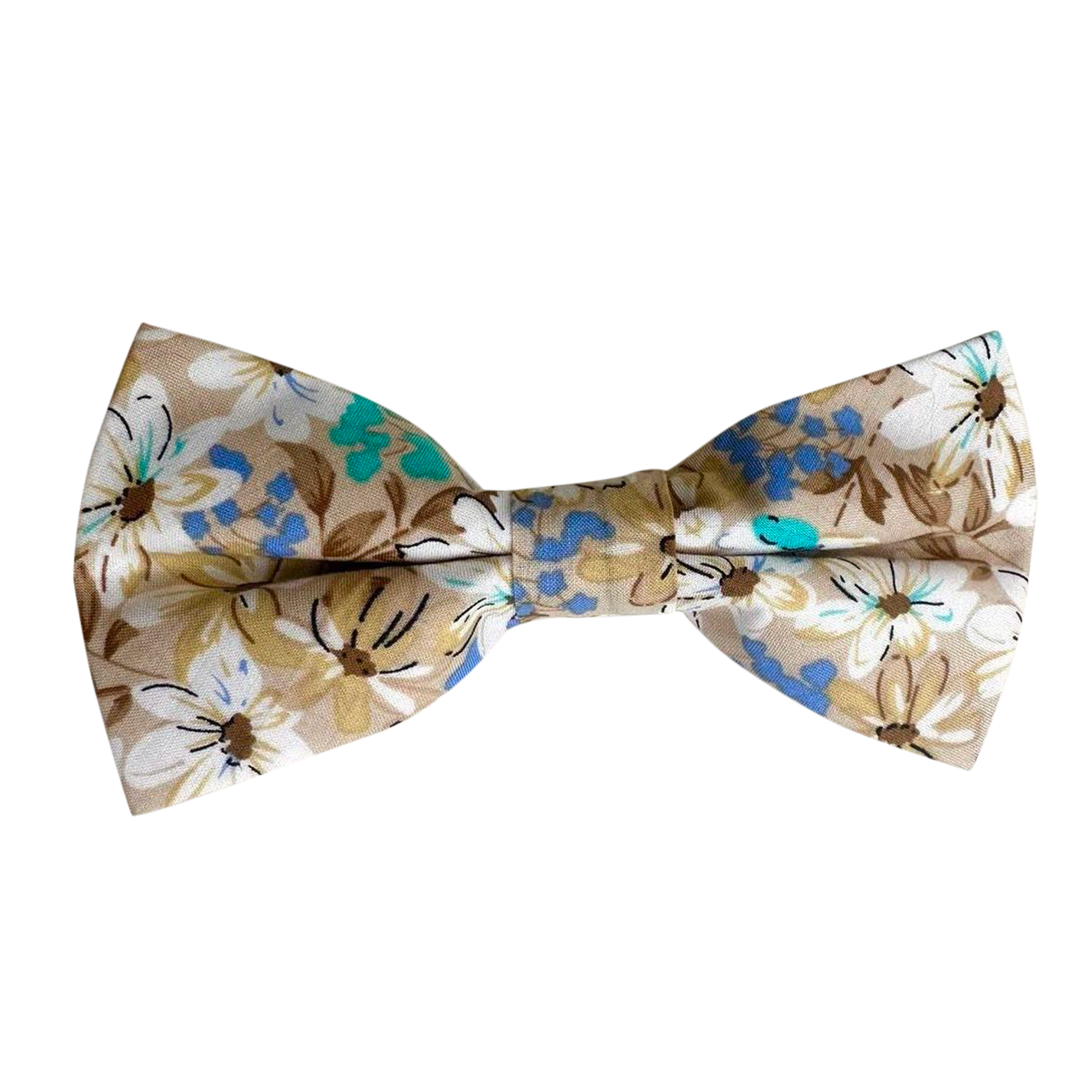 White Floral on Beige Pre-tied Bow Tie