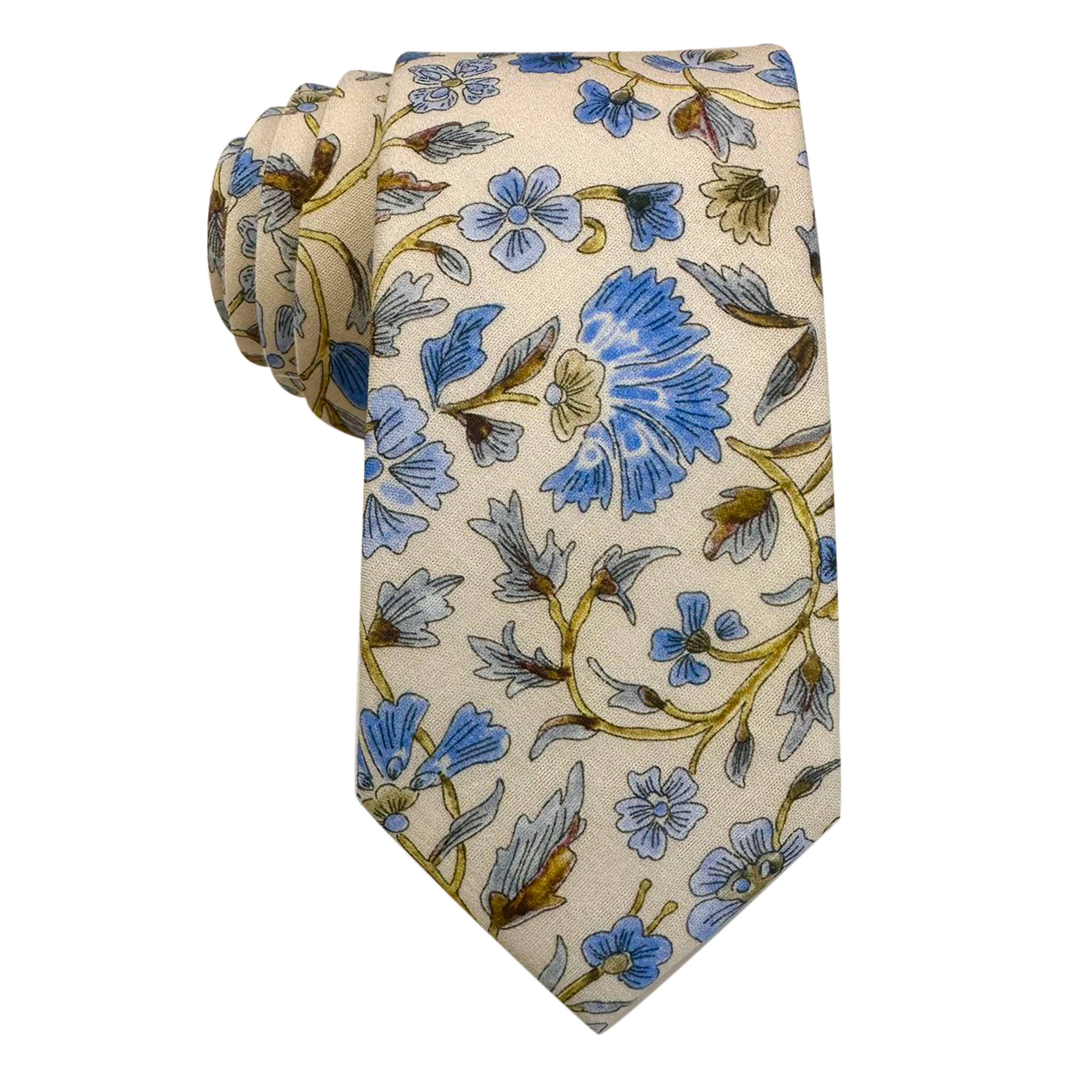 Blue Yellow Floral on Beige Skinny Tie