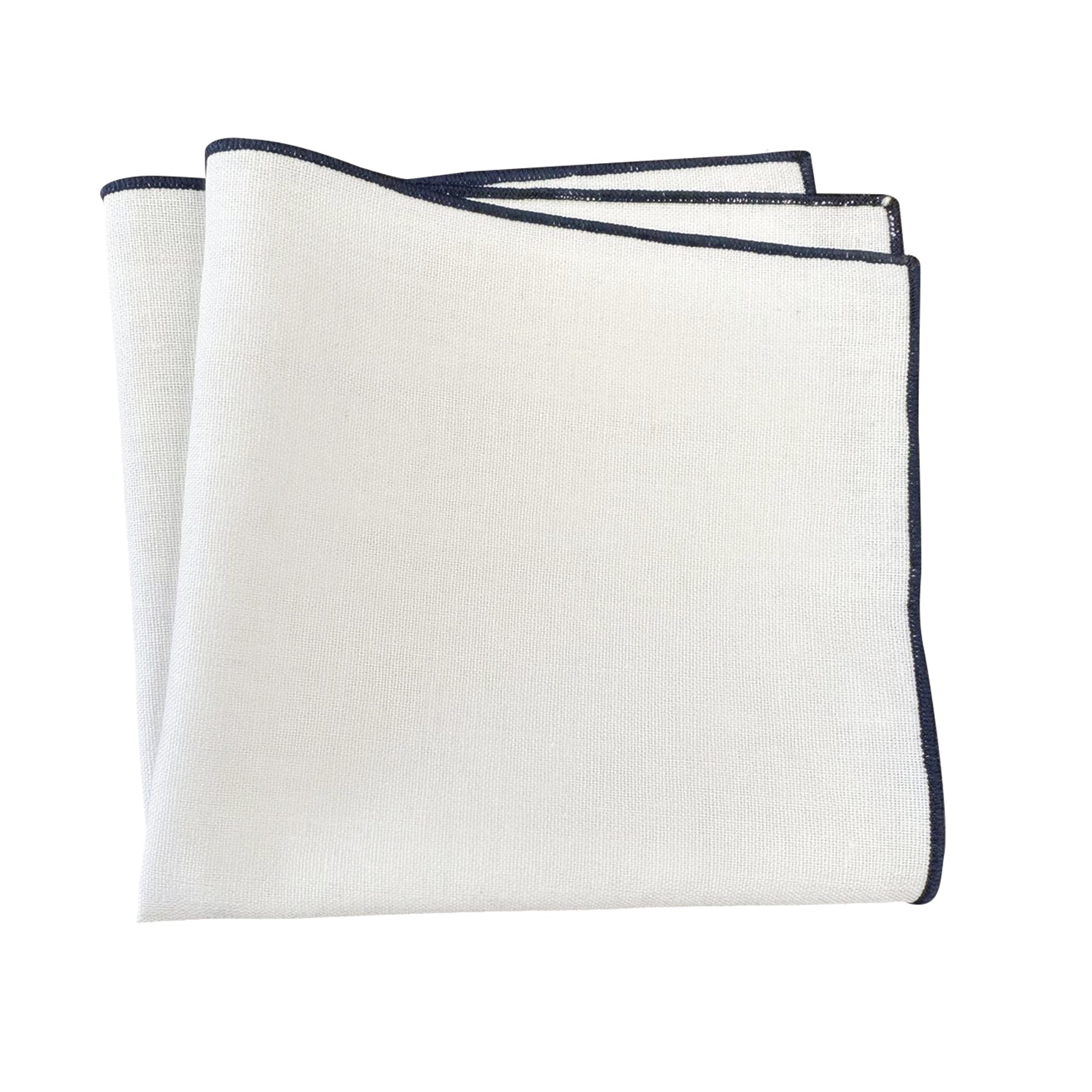 White Linen Pocket Square Navy Border