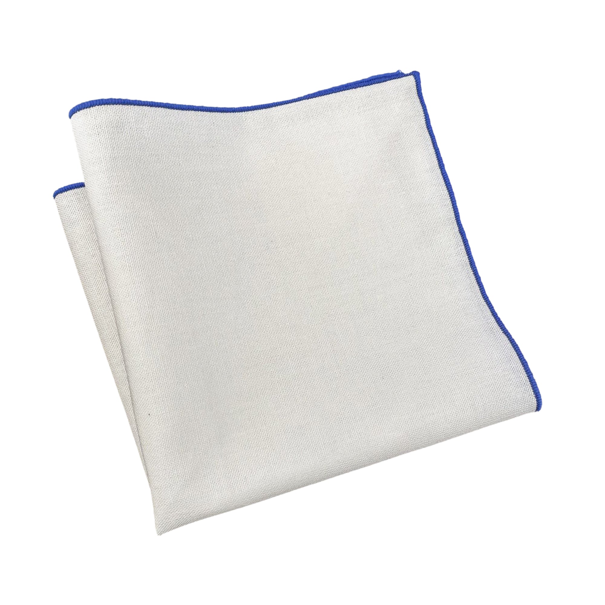 White Linen Pocket Square Sapphire Blue Border